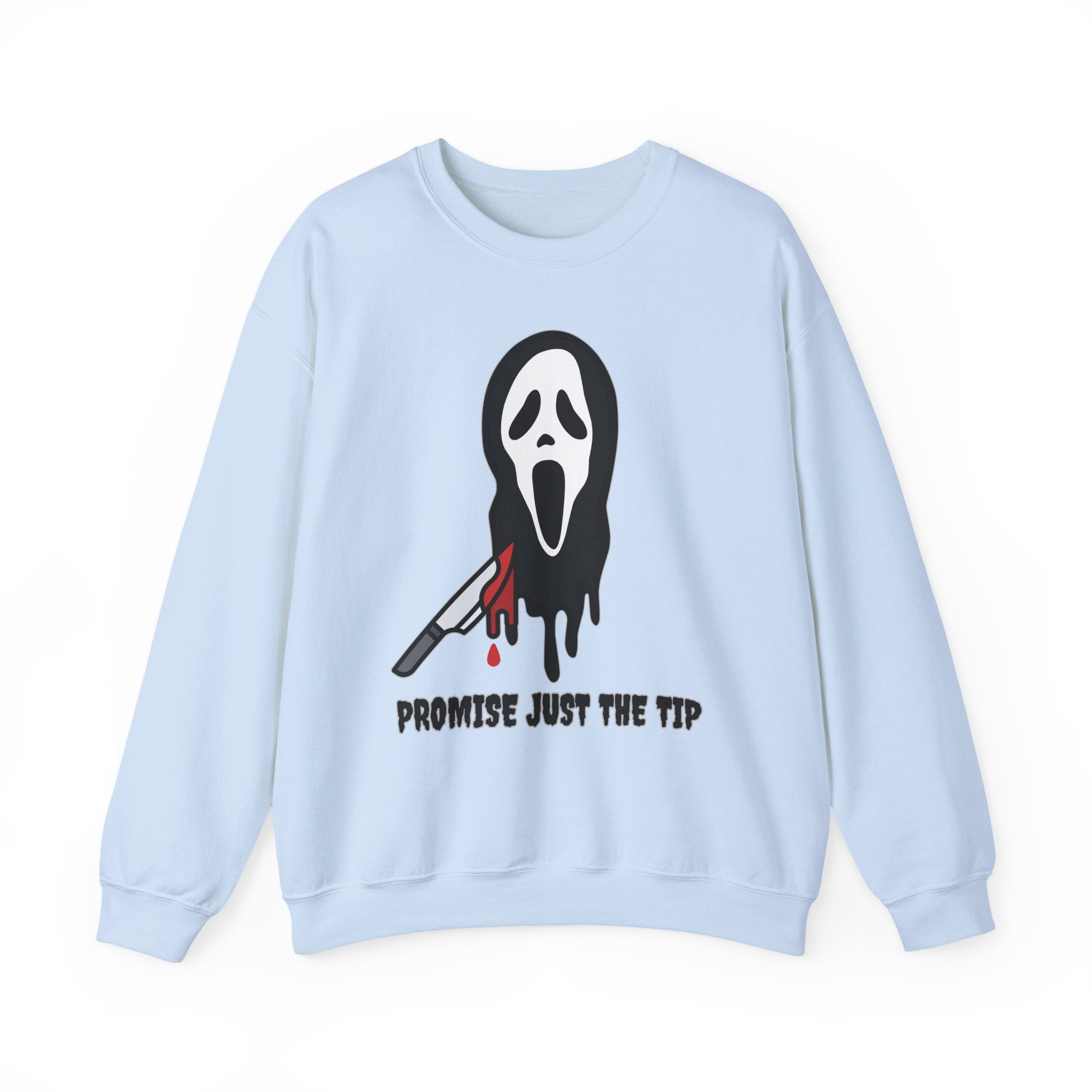 Light blue sweatshirt with a graphic design of a face with a knife and text on a white background