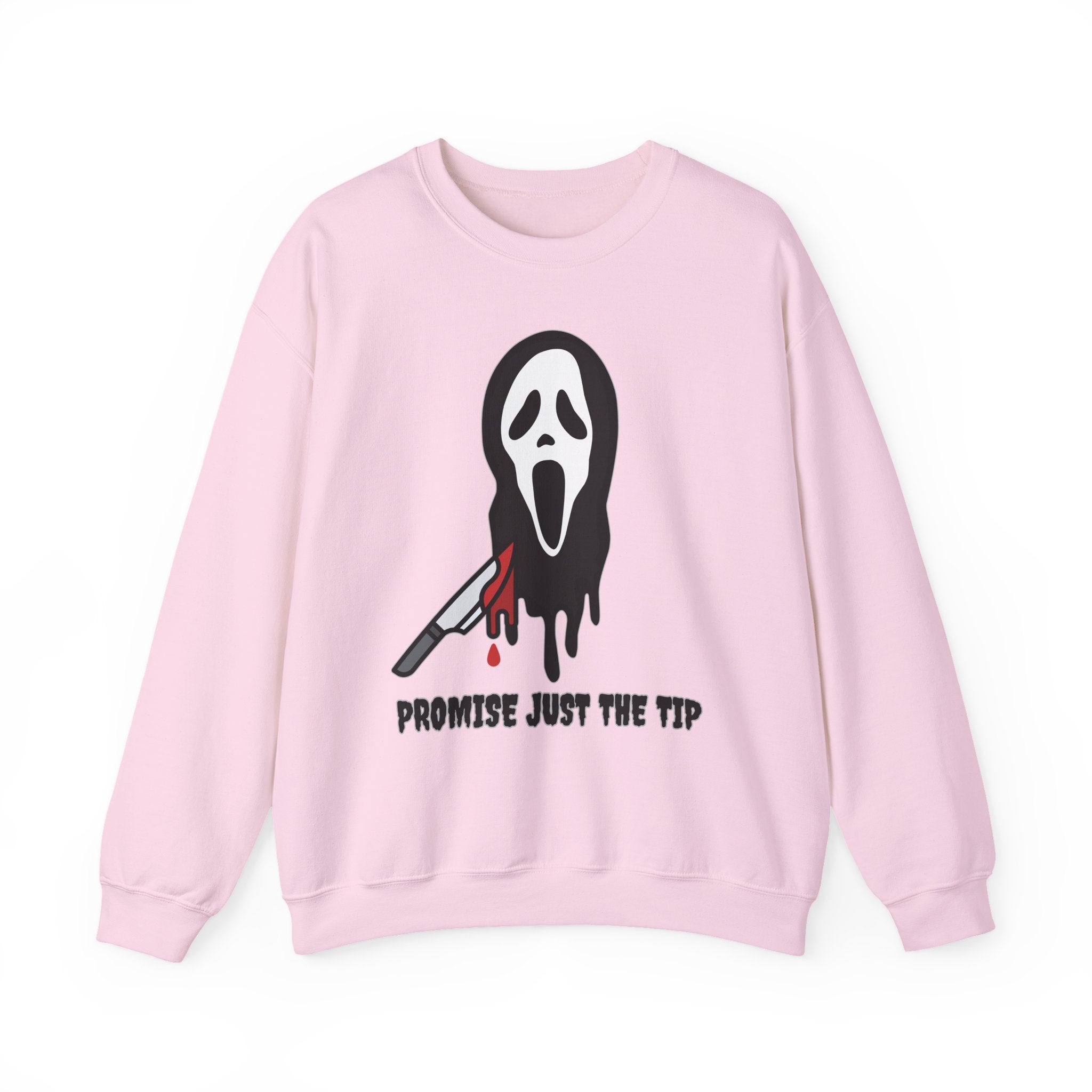 Pink sweatshirt with a graphic design of a face and knife, text 'Promise Just The Tip', on a white background.