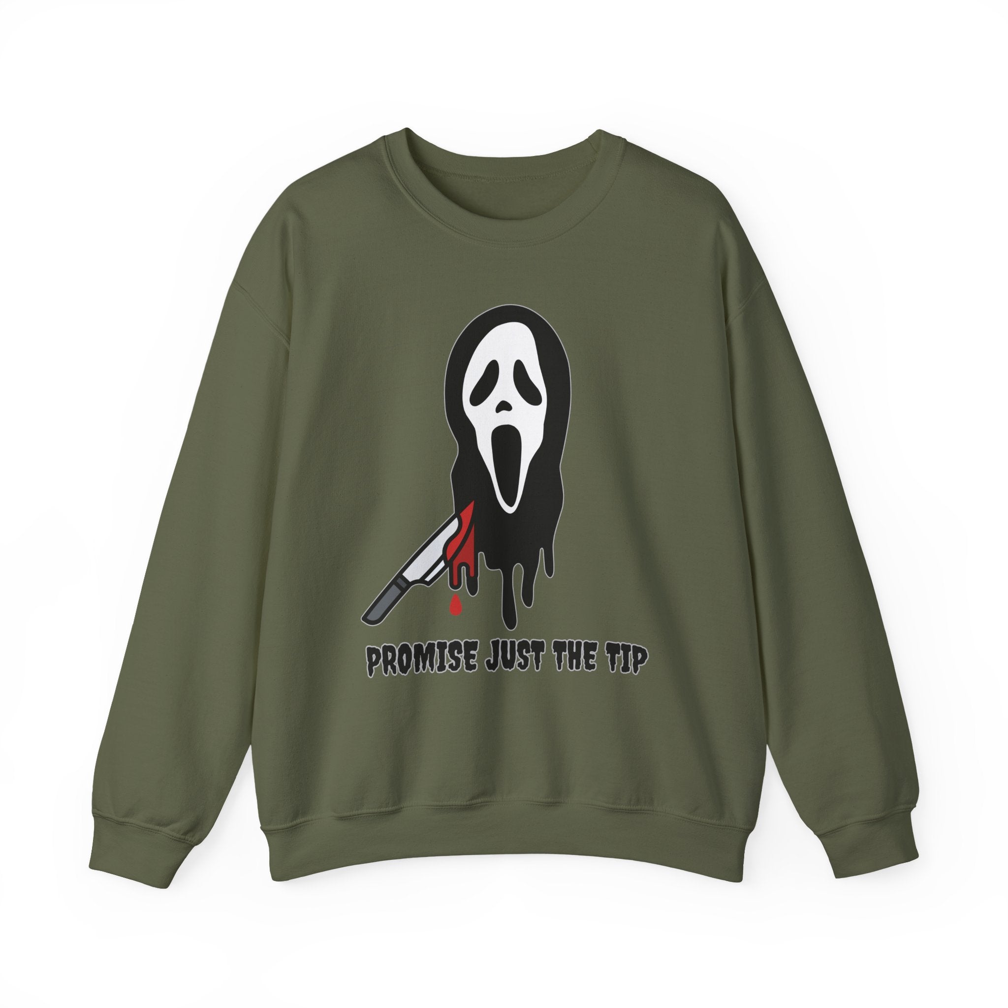 Military green sweatshirt with a graphic design of a mask and knife on a white background