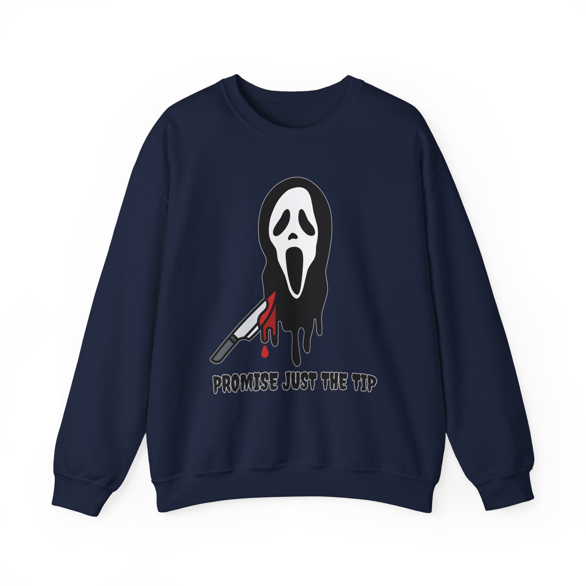 Navy blue sweatshirt with a graphic design of a mask and knife on a white background