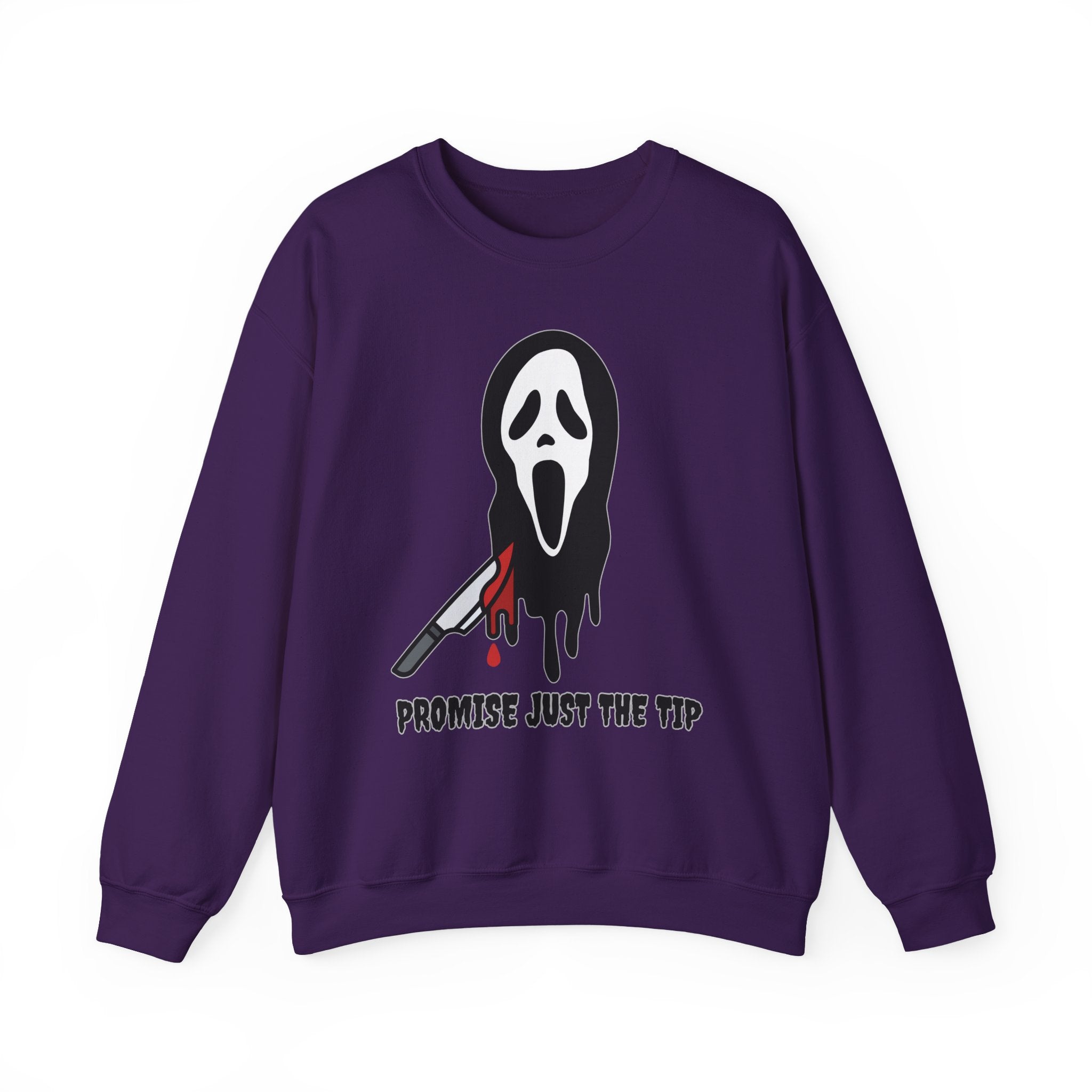 Purple sweatshirt with a graphic design of a ghost face and knife on a white background
