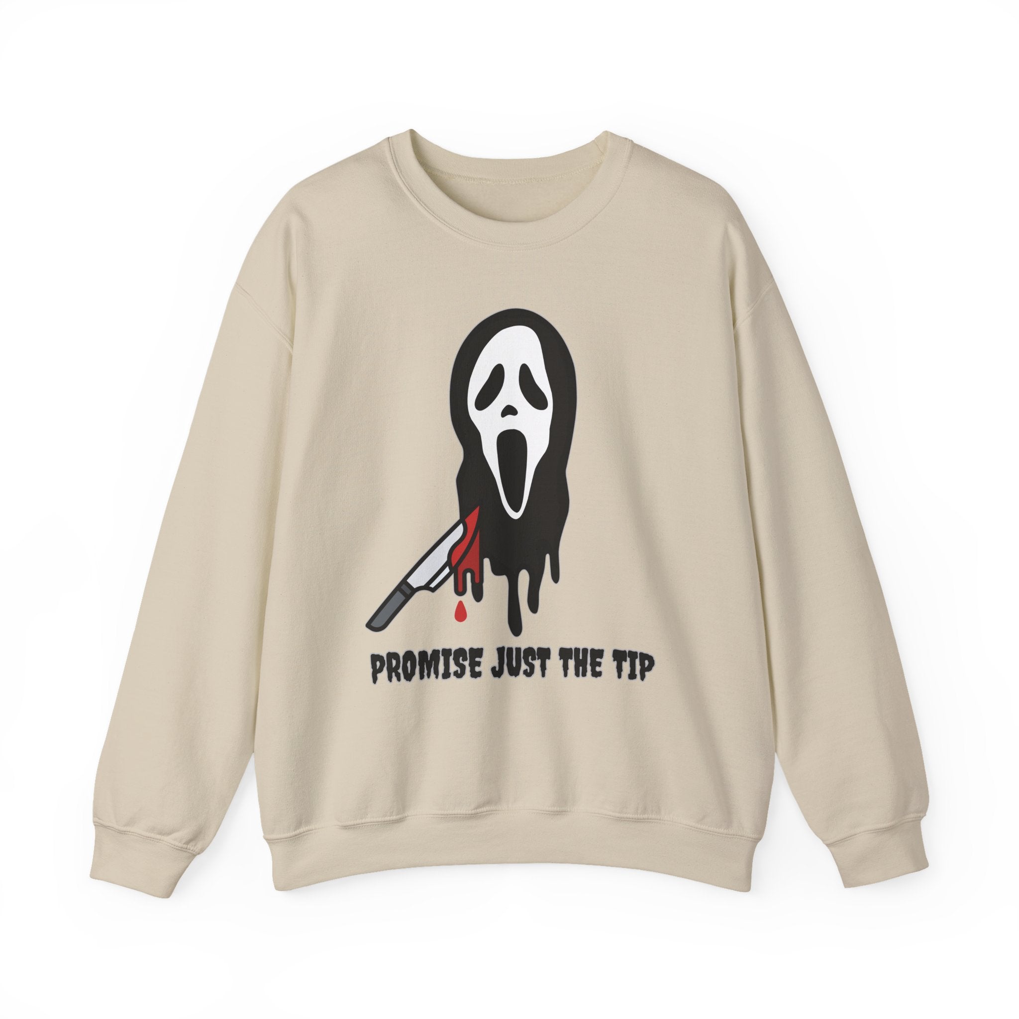 Beige sweatshirt with a graphic design of a face with a knife and text on a white background