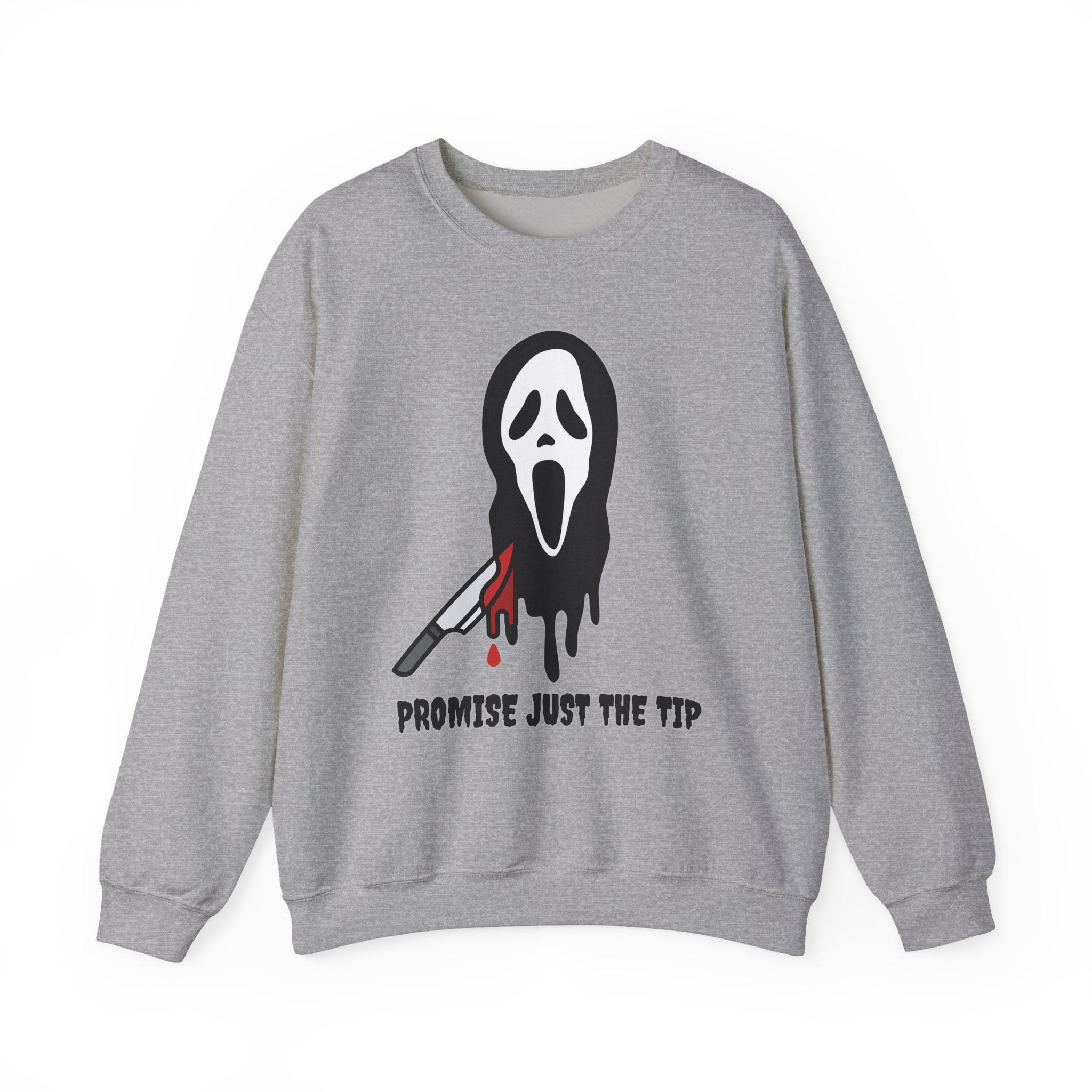 Gray sweatshirt with a graphic design of a face with a knife and text on a white background