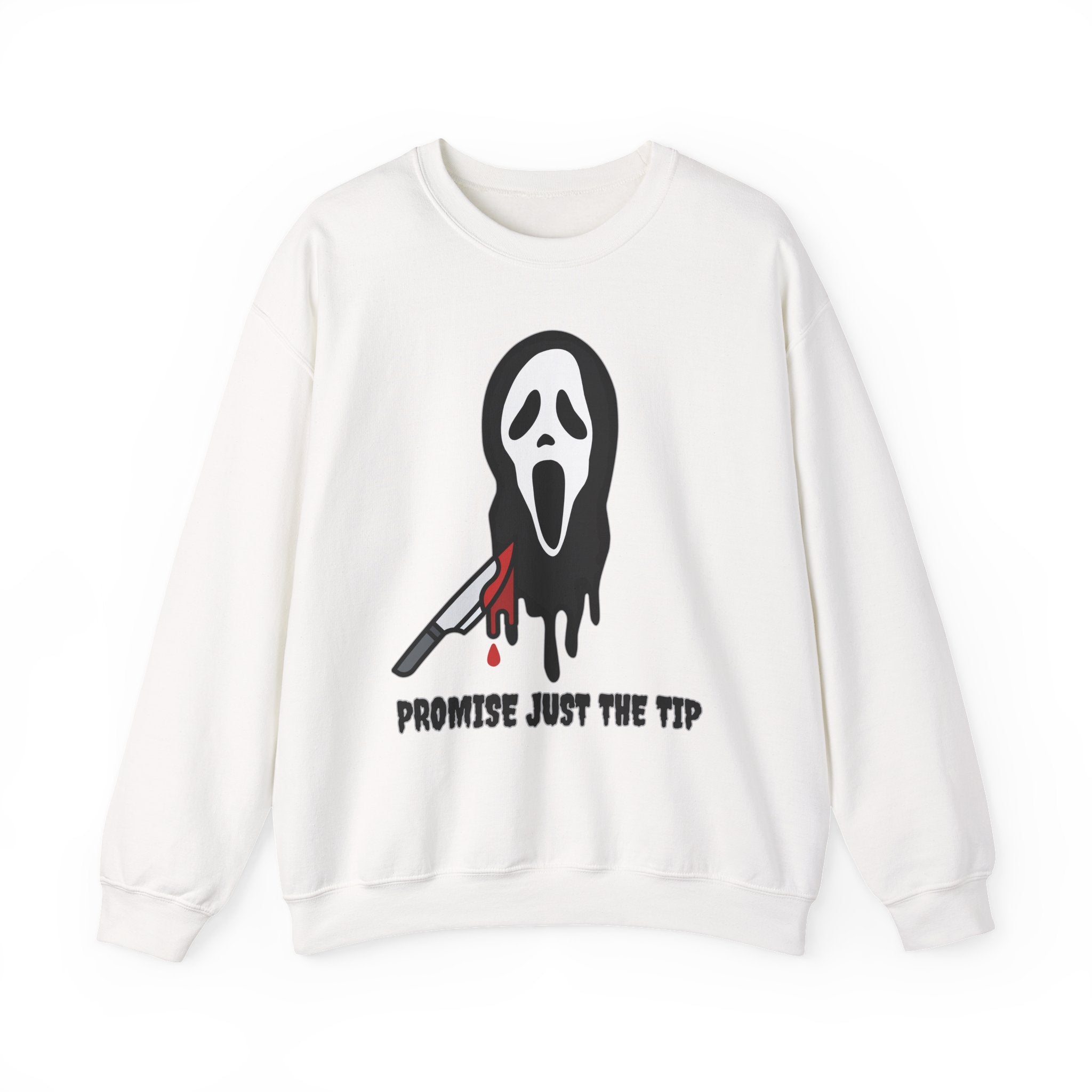 White sweatshirt with a graphic design of a ghost face and knife on a white background