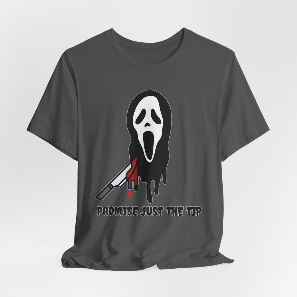 Asphalt gray t-shirt with a graphic design of a mask and knife on a white background