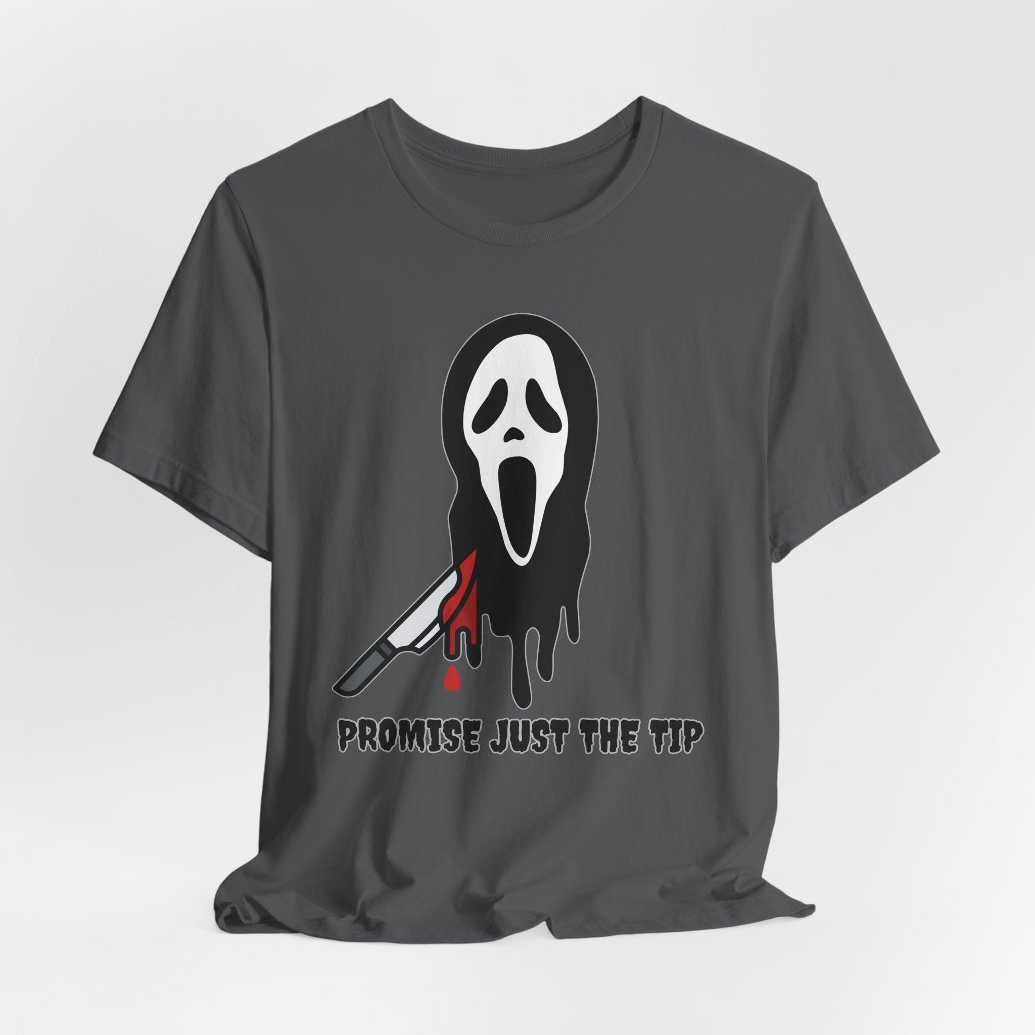 Asphalt gray t-shirt with a graphic design of a mask and knife on a white background