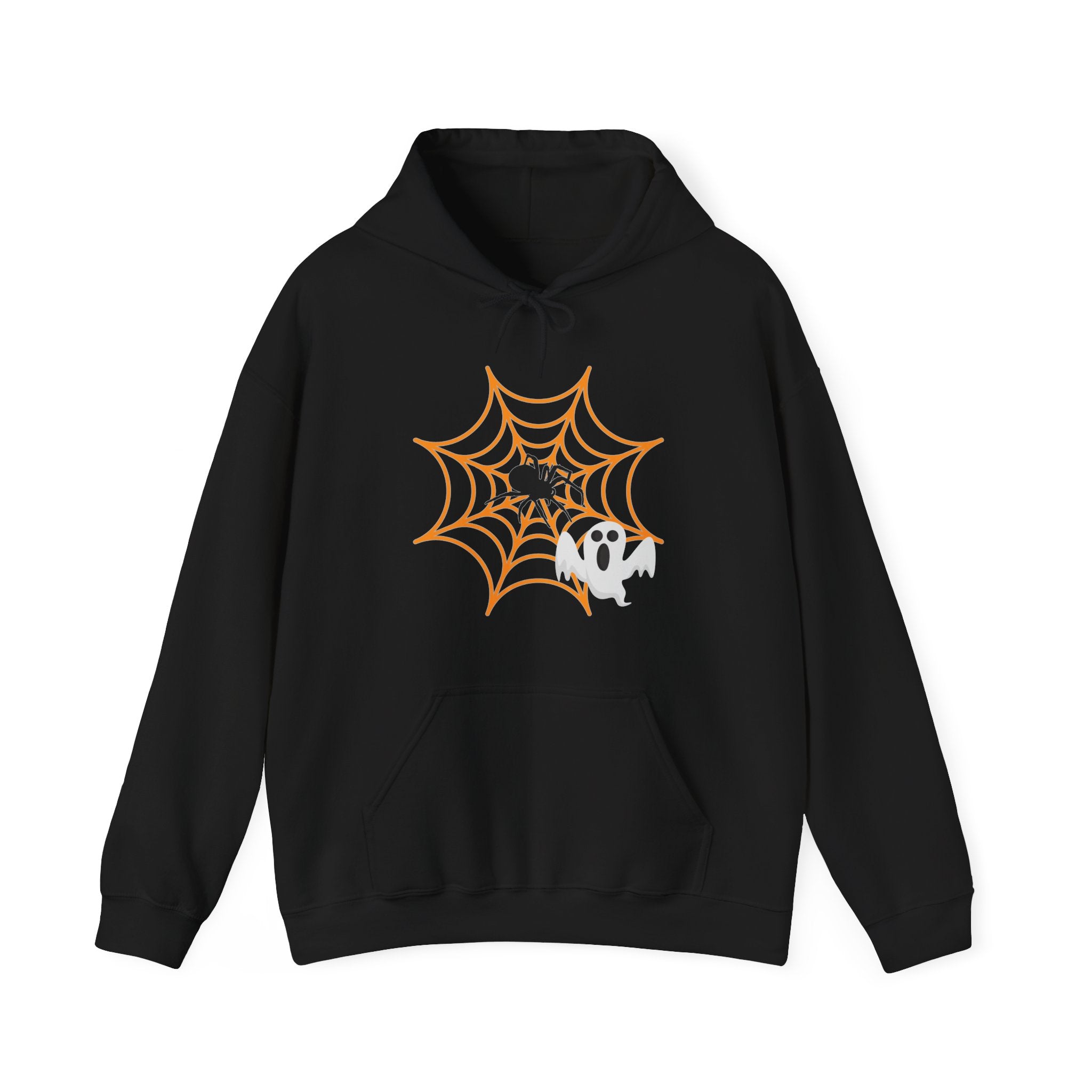 Black hoodie with Halloween design of a spider web and ghost on a white background