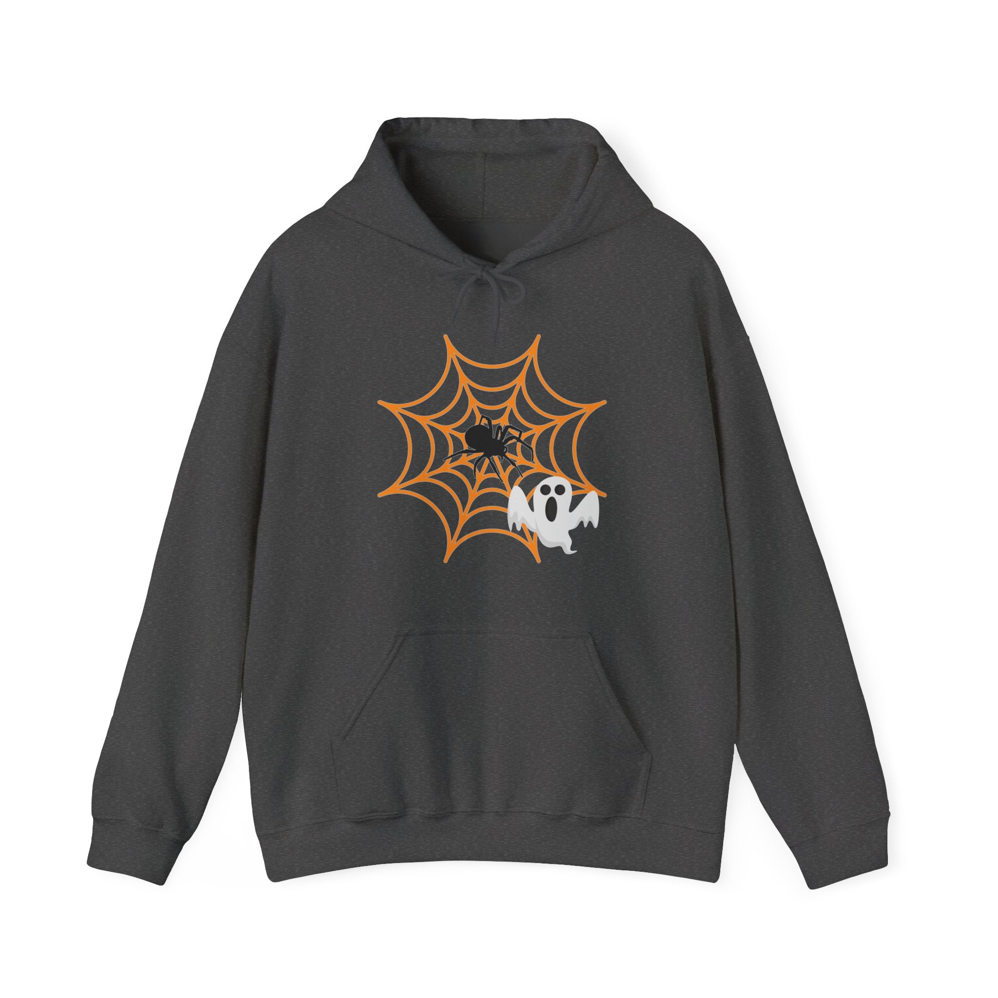 Dark gray hoodie with Halloween design featuring a spider web and ghost on a white background