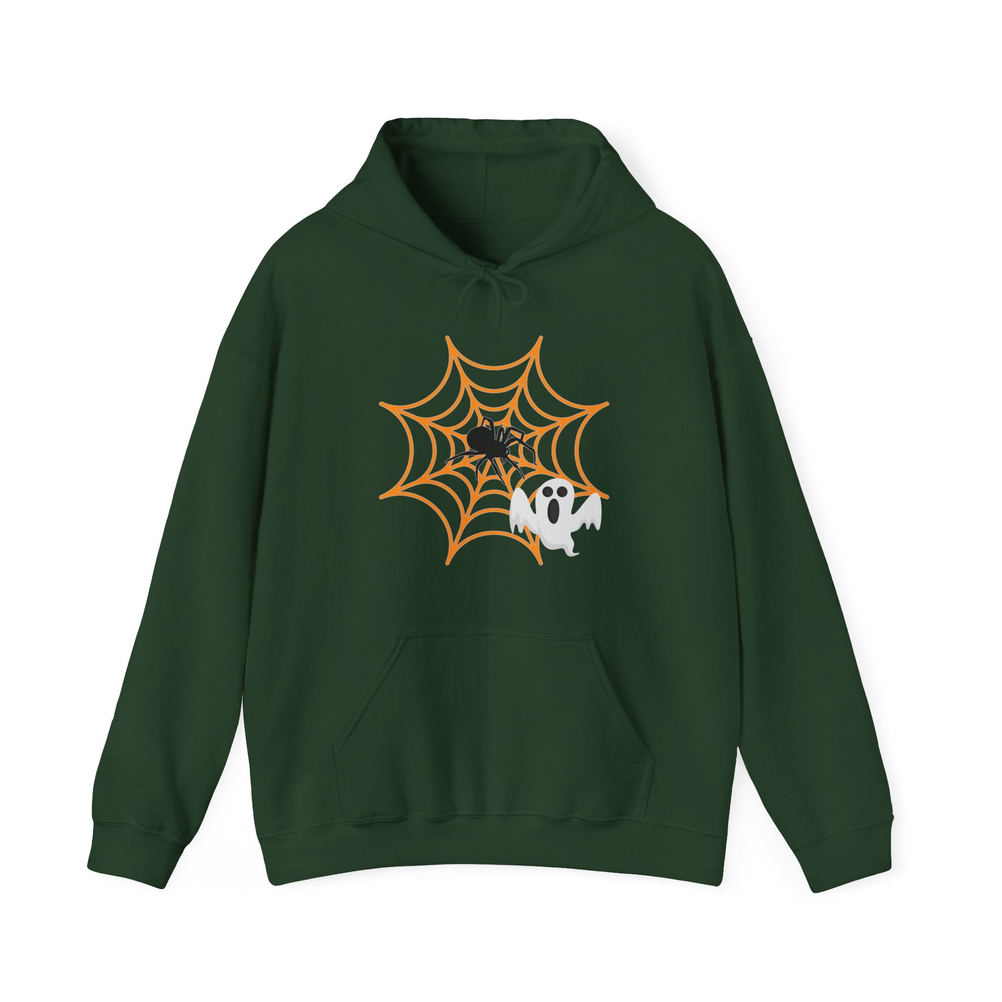 Forest green hoodie with Halloween design featuring a spider web and ghost on a white background