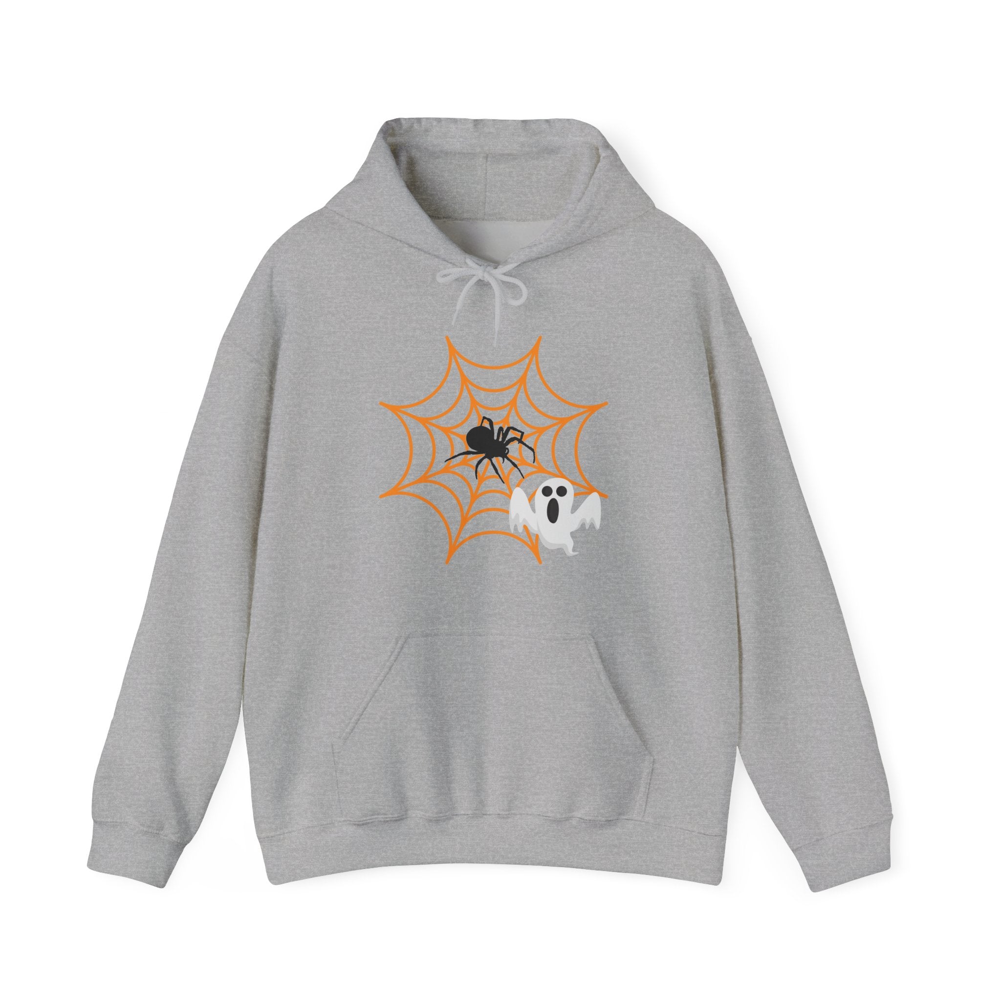 Gray hoodie with Halloween design featuring a spider and ghost on an orange web.