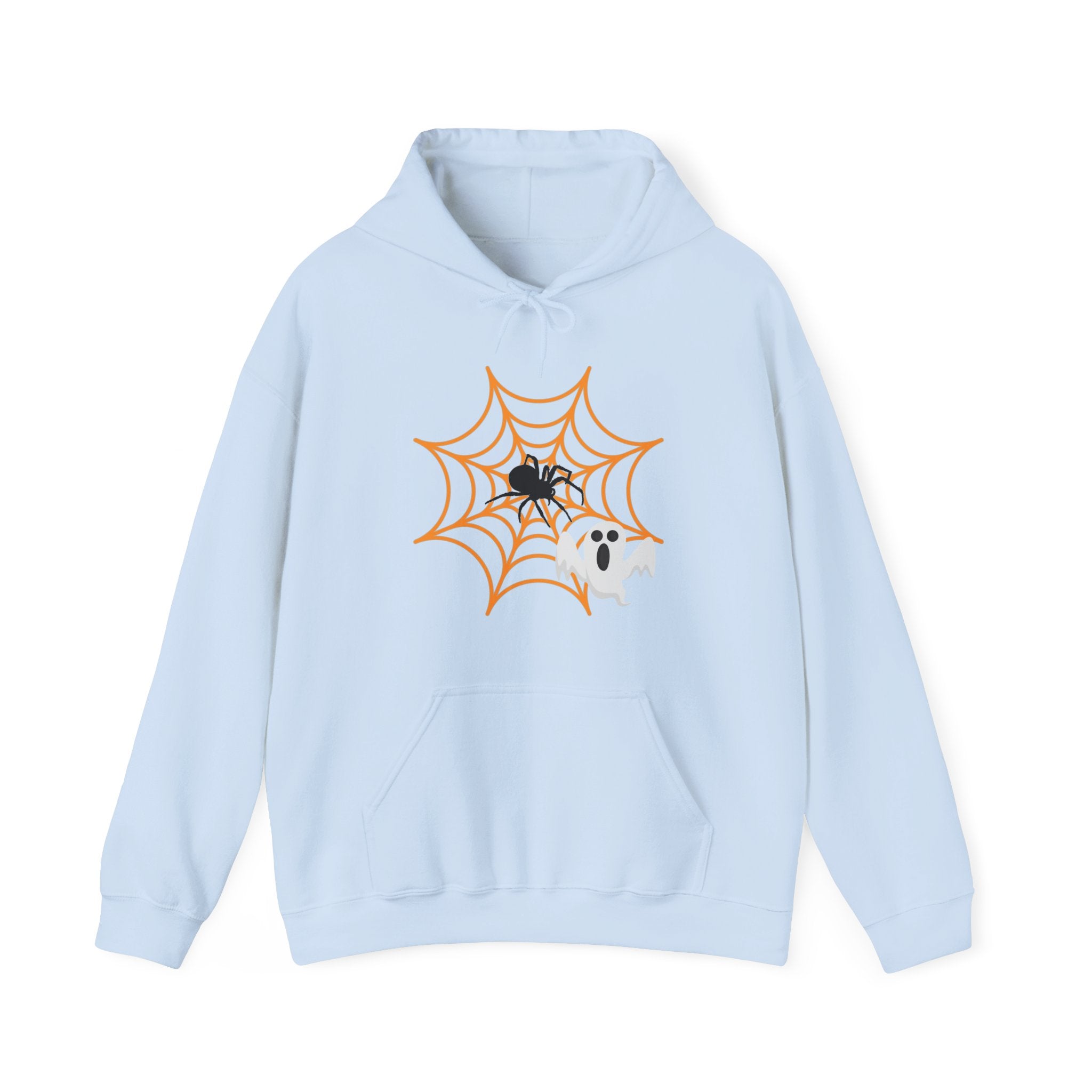 Light blue hoodie with Halloween design featuring a spider, ghost, and web on a white background