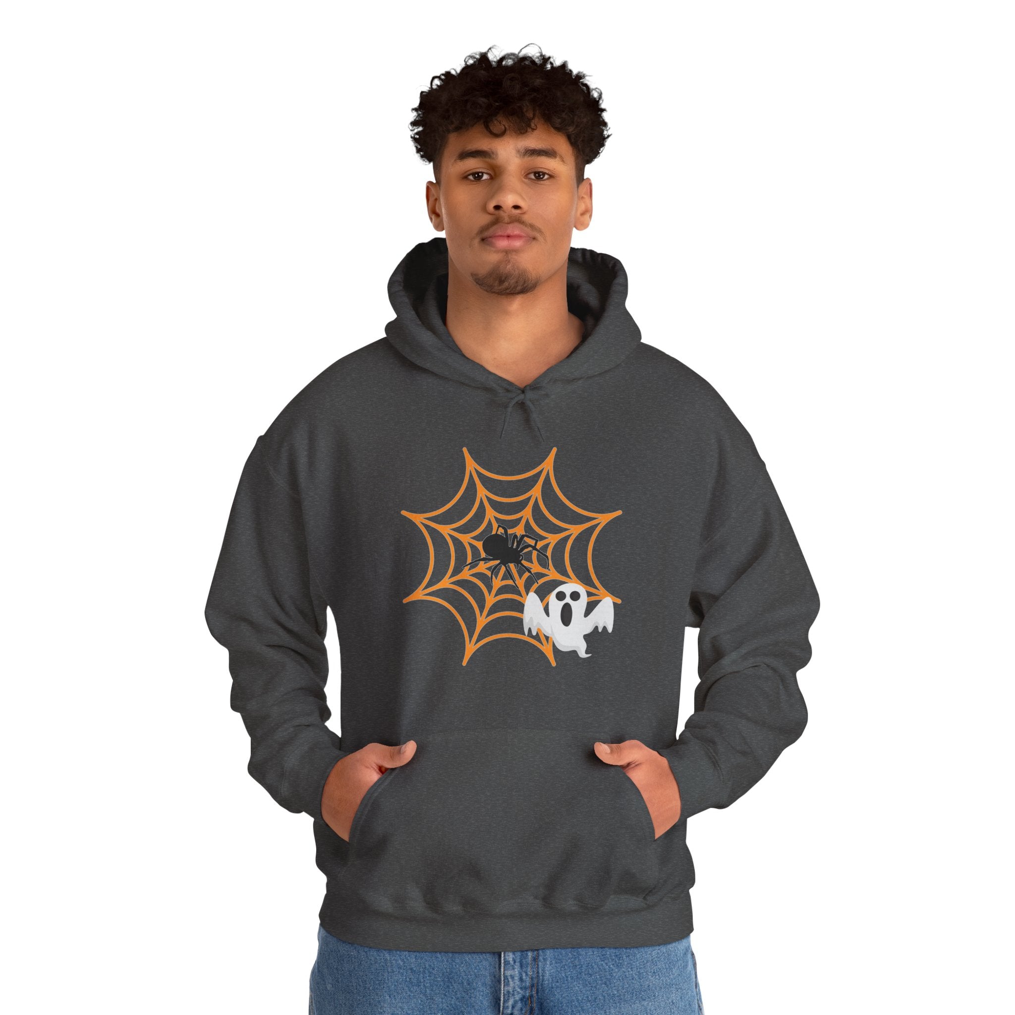 Person wearing a dark gray hoodie with a Halloween-themed design on a white background