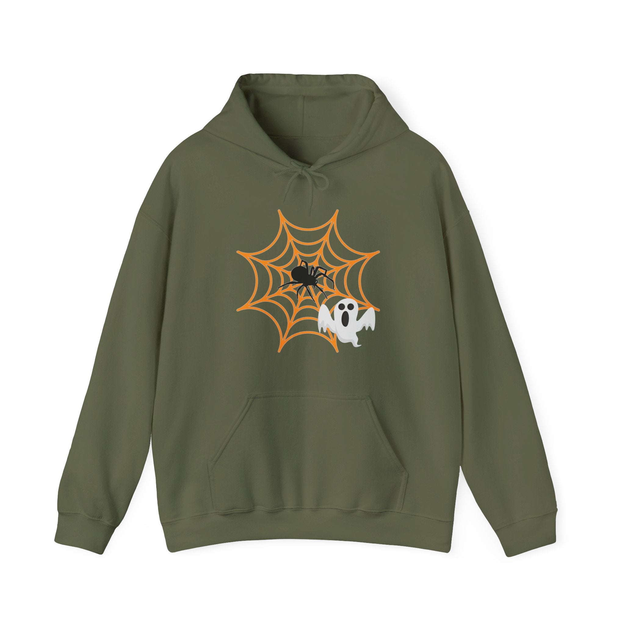 Green hoodie with Halloween design featuring a spider on a web and a ghost.