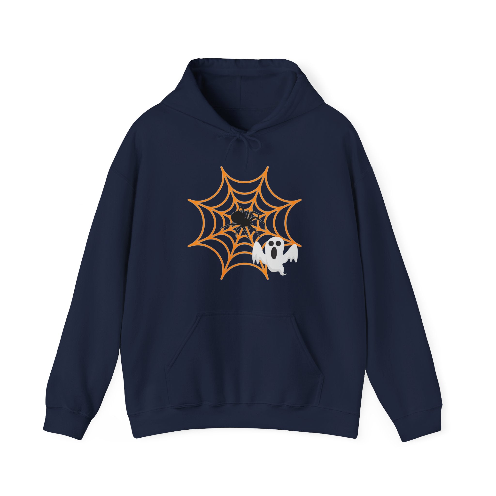 Navy blue hoodie with a spider web and ghost design on a white background
