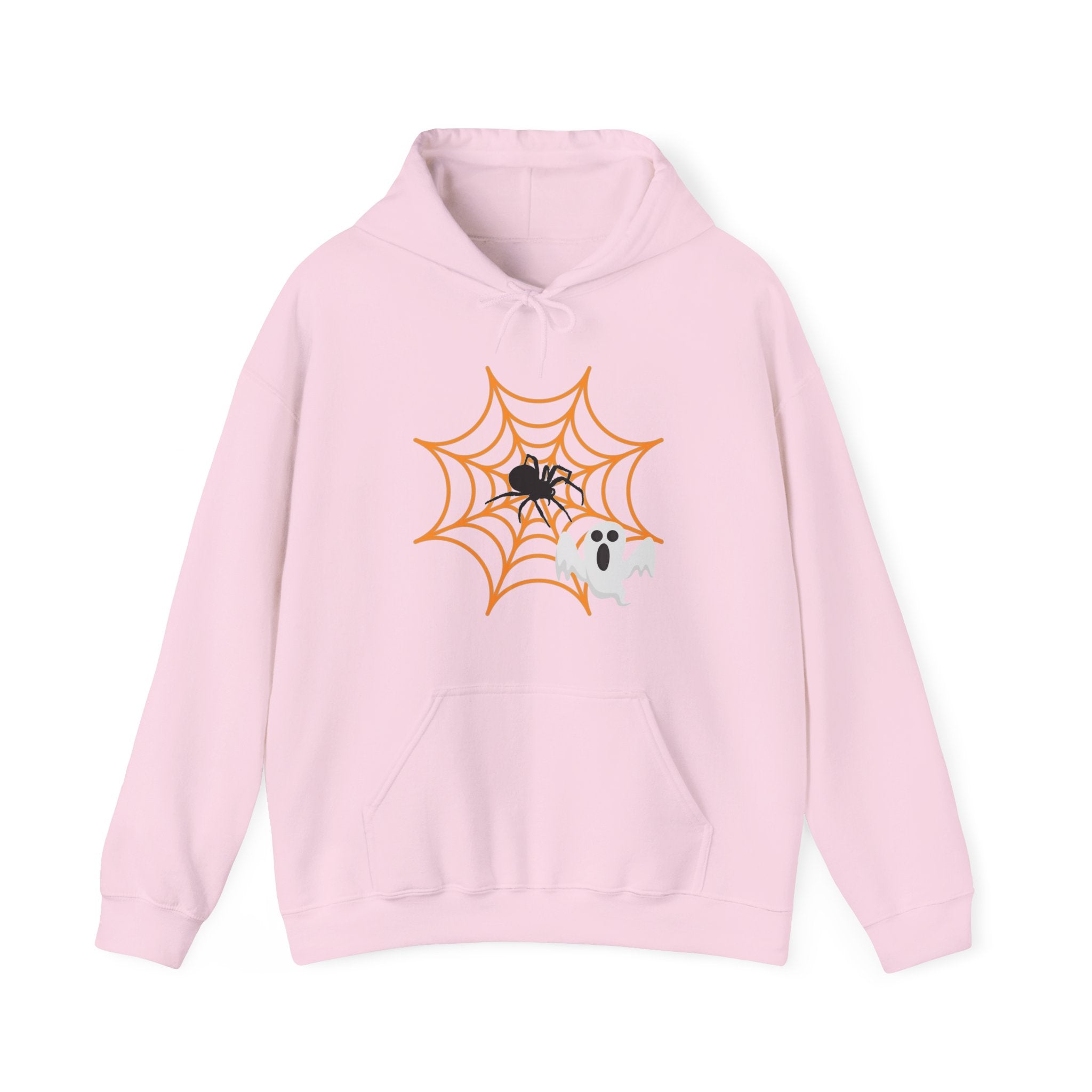 Pink hoodie with Halloween design featuring a spider on a web and a ghost.
