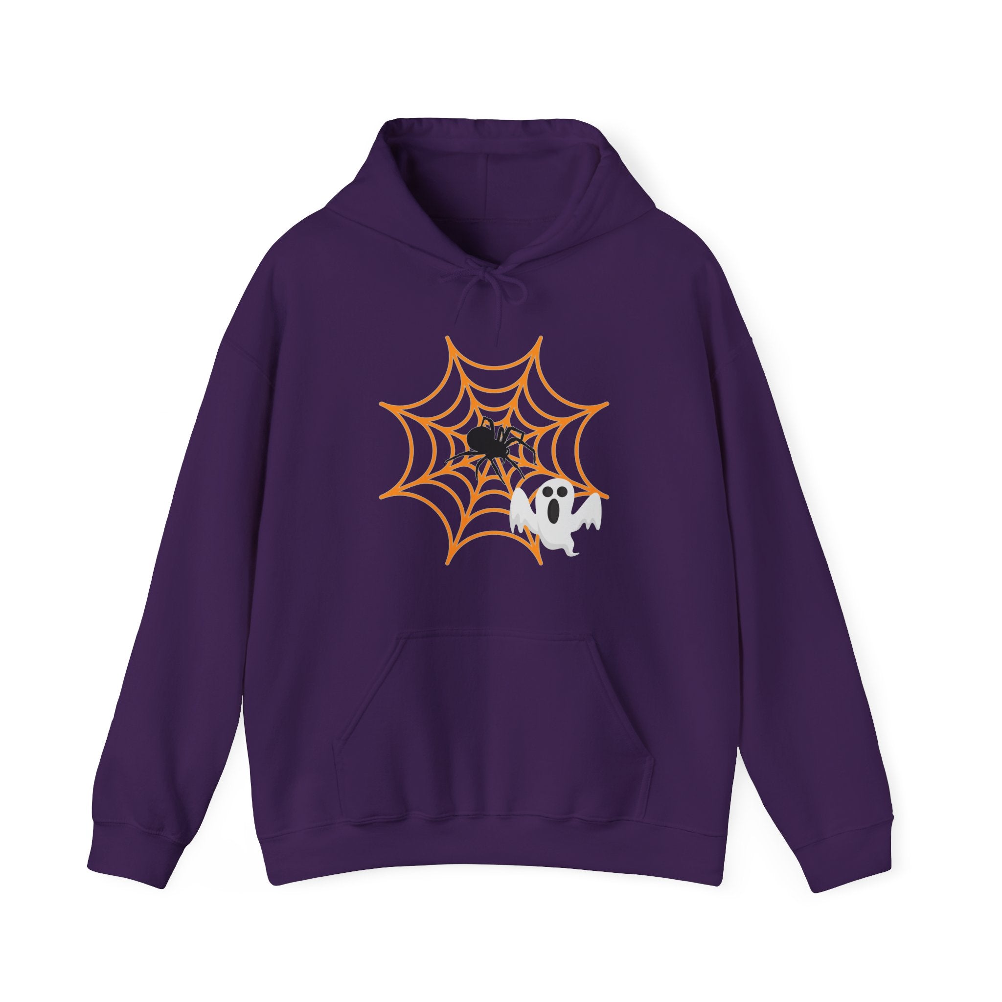 Purple hoodie with Halloween design featuring a spider web and ghost on a white background