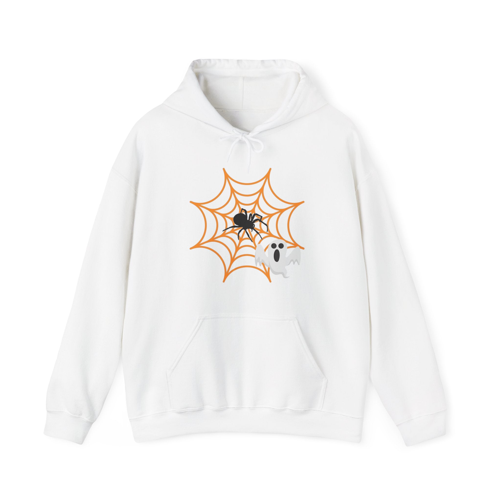White hoodie with Halloween design featuring a spider, web, and ghost on a white background