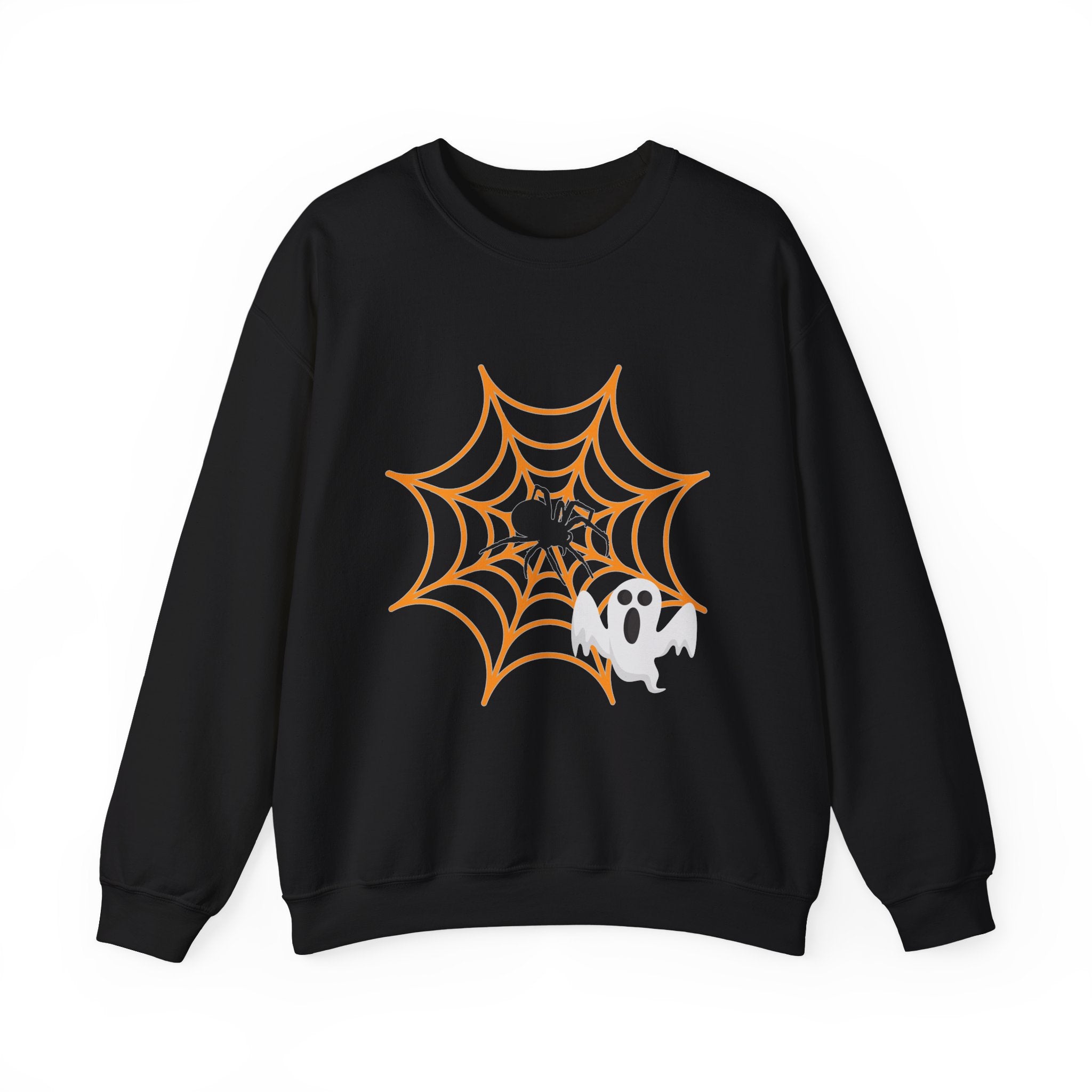 Black sweatshirt with Halloween design of a spider, web, and ghost on a white background