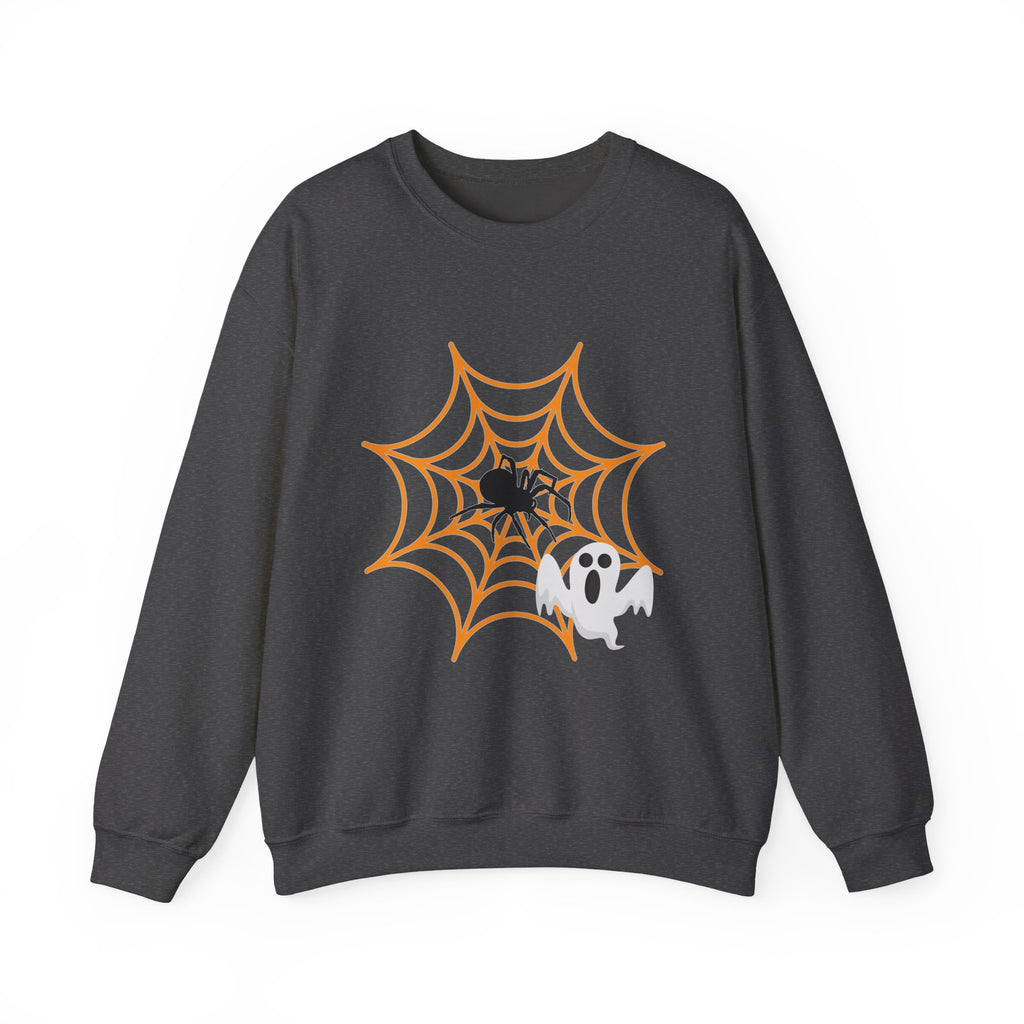 Dark heather gray sweatshirt with Halloween design featuring a spider, web, and ghost on a white background