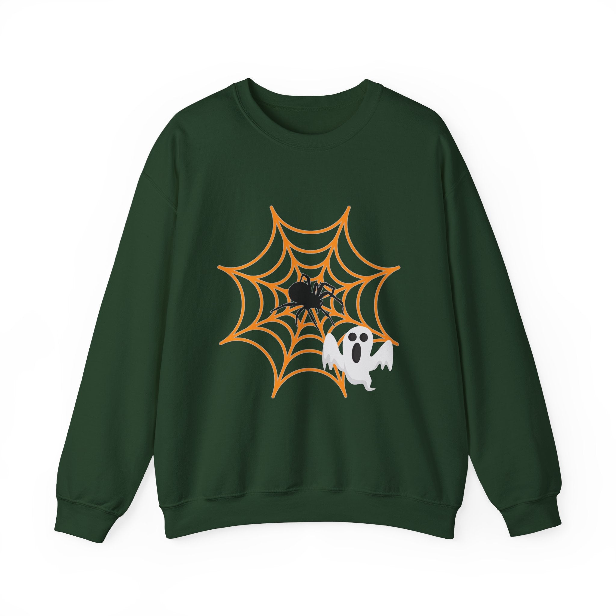 Forest green sweatshirt with Halloween design of a spider, web, and ghost on a white background