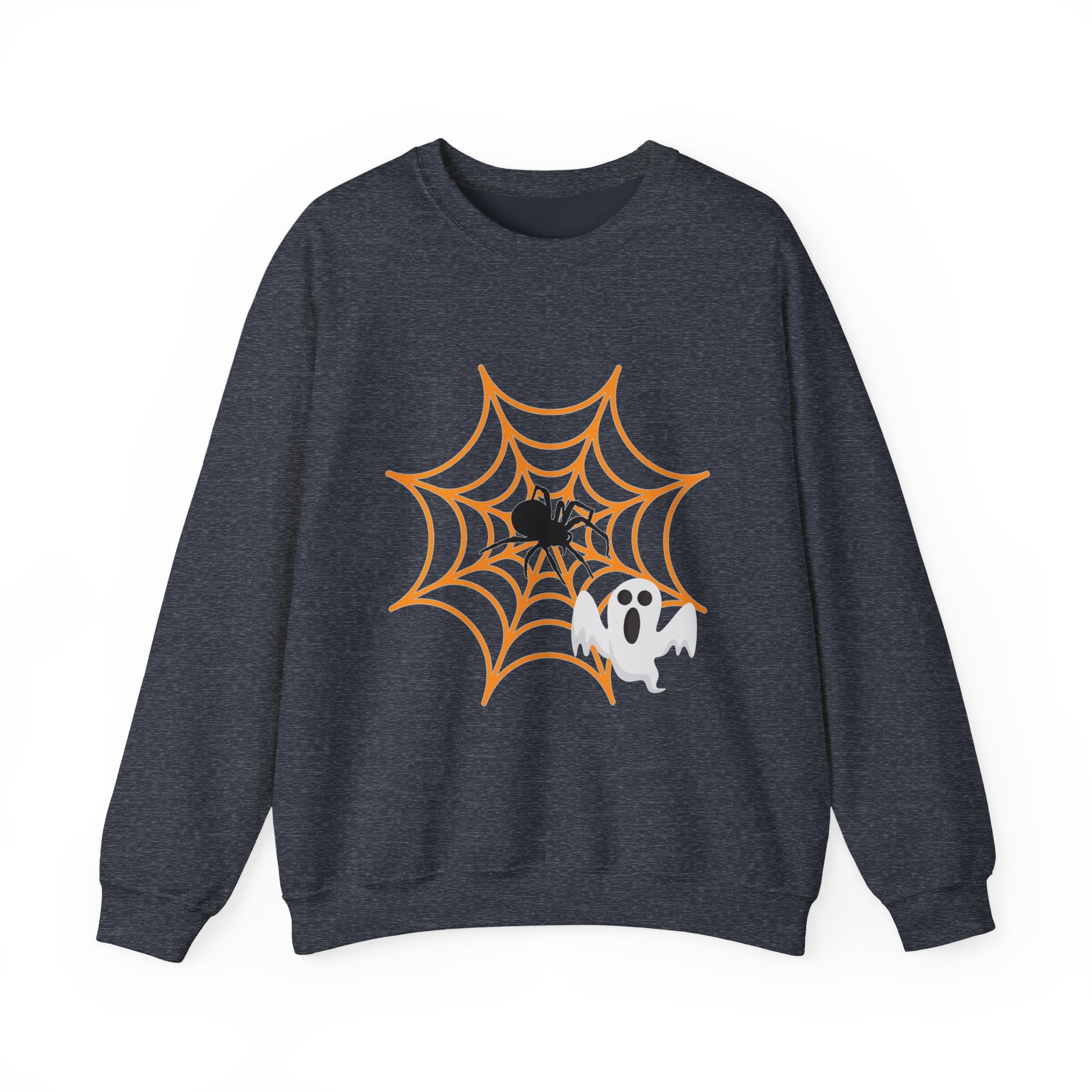 Heather sport dark navy gray sweatshirt with Halloween design featuring a spider, web, and ghost on a white background
