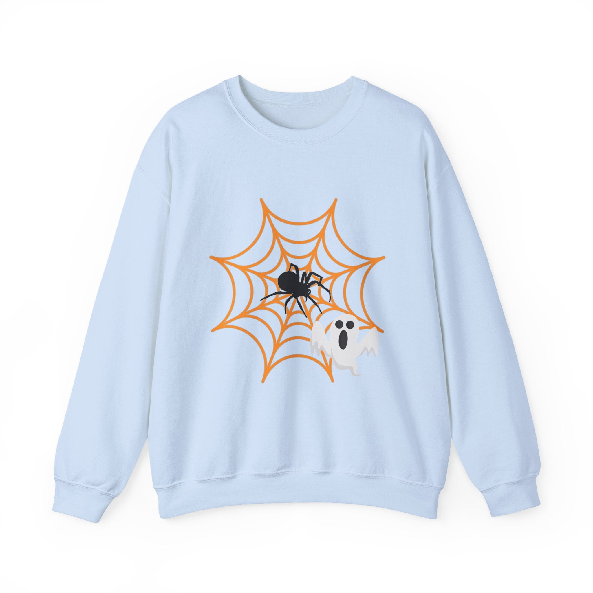Light blue sweatshirt with Halloween design featuring a spider, web, and ghost on a white background.