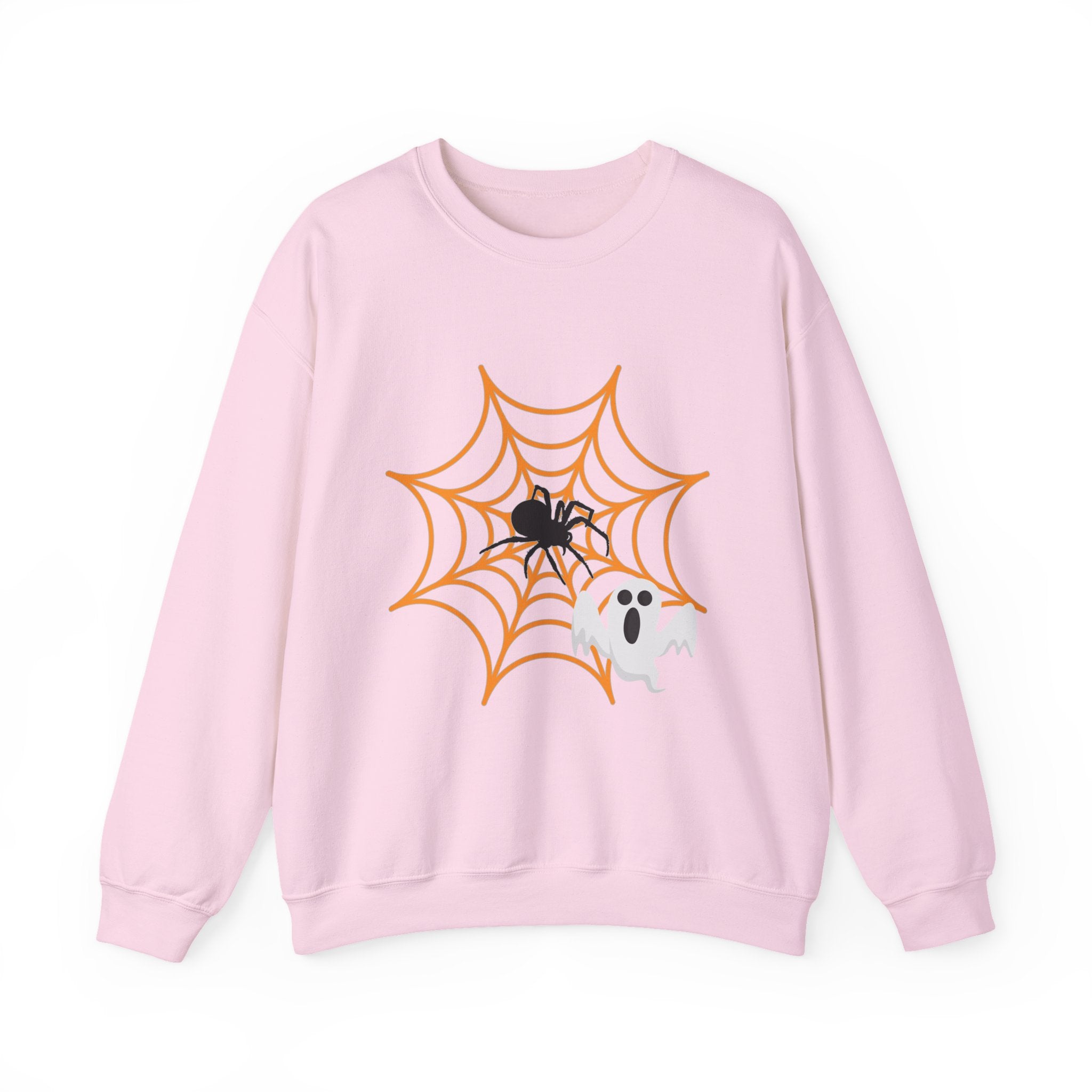 Pink sweatshirt with Halloween design featuring a spider, web, and ghost on a white background