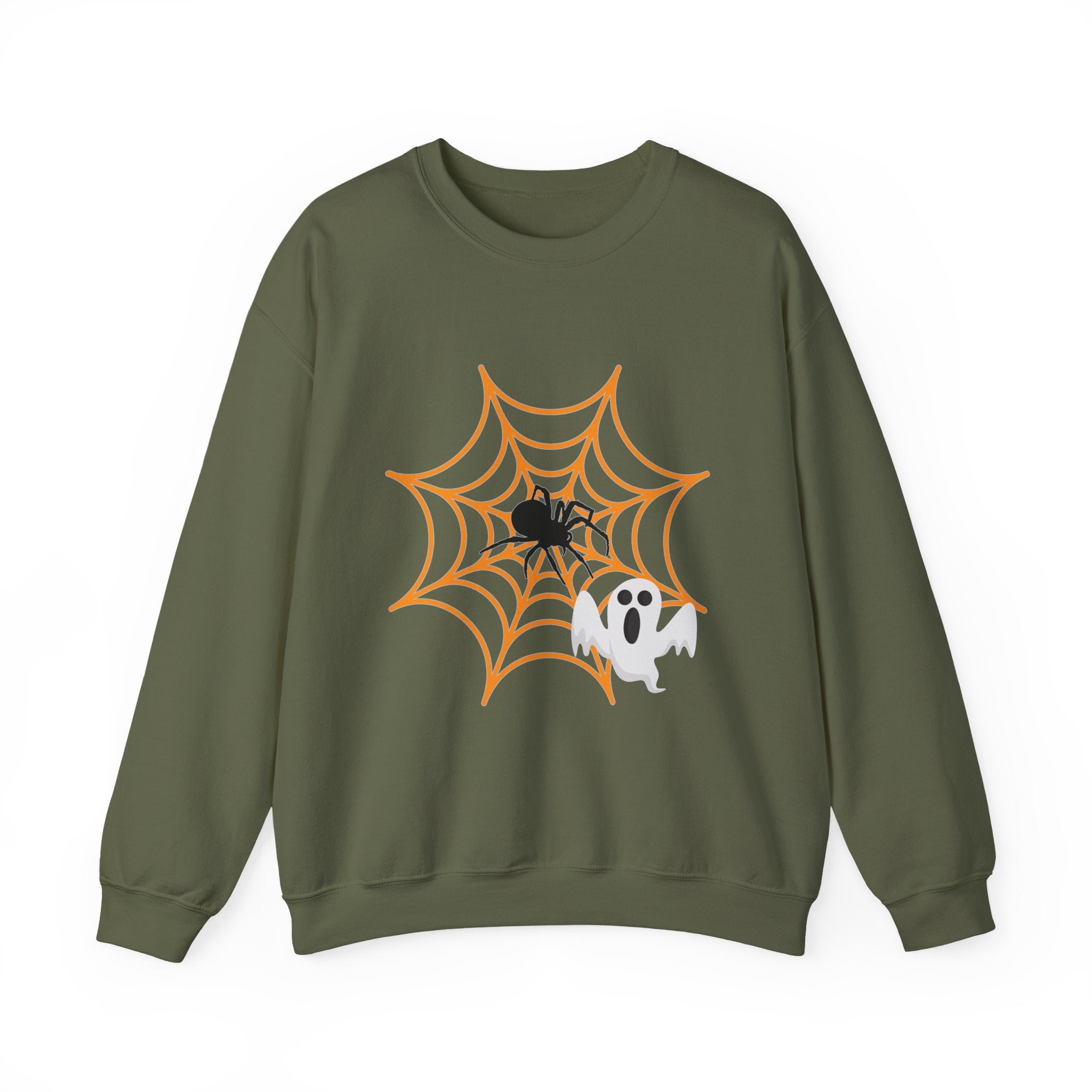 Military green sweatshirt with Halloween design of a spider, web, and ghost on a white background