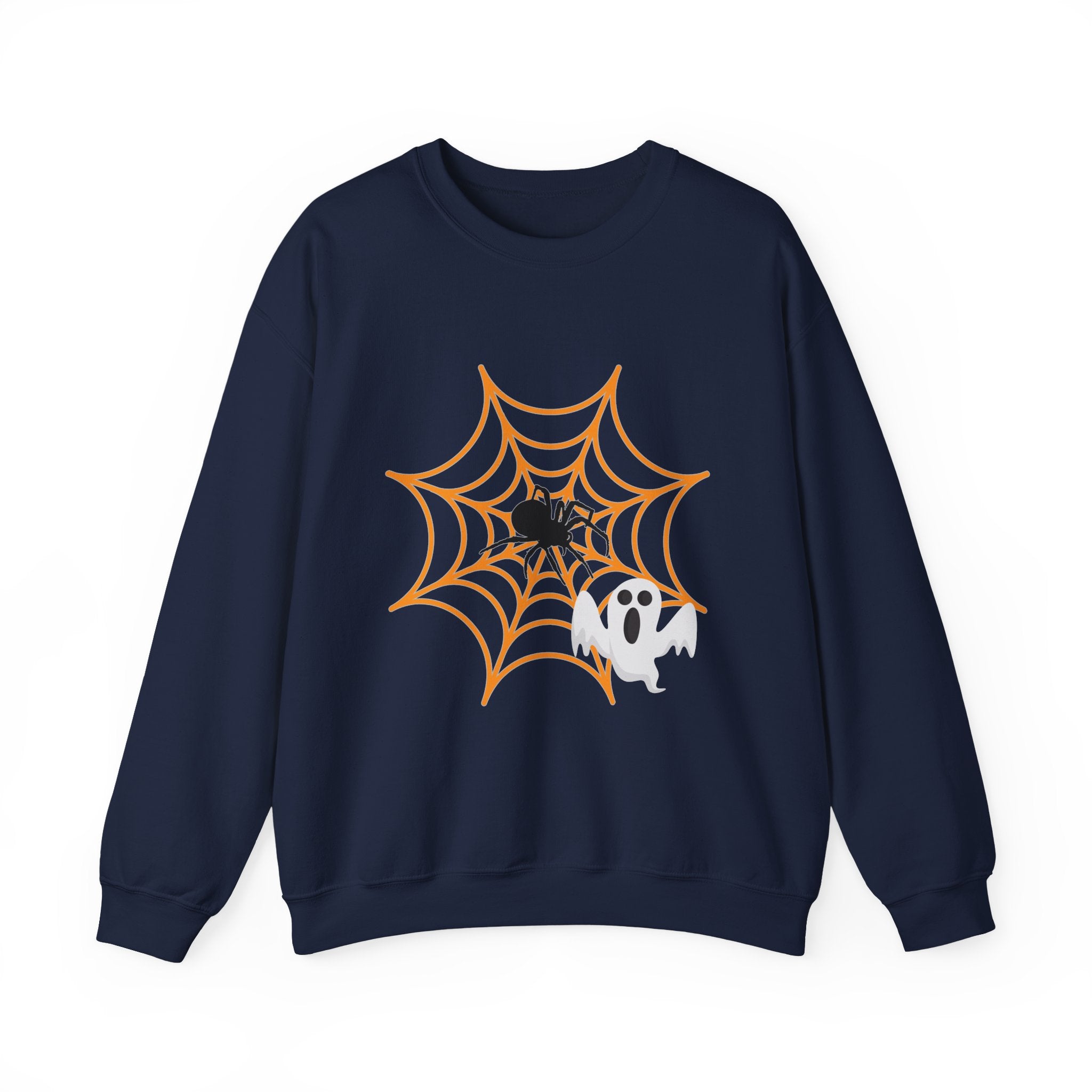 Navy blue sweatshirt with Halloween design featuring a spider, web, and ghost on a white background.