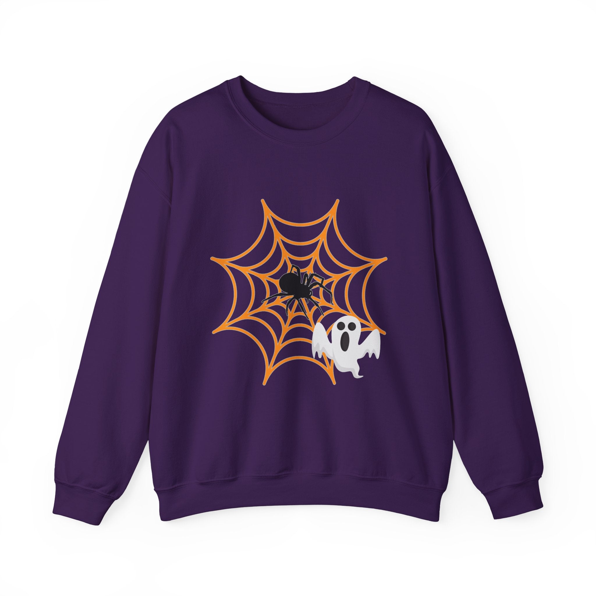 Purple sweatshirt with Halloween design featuring a spider, web, and ghost on a white background