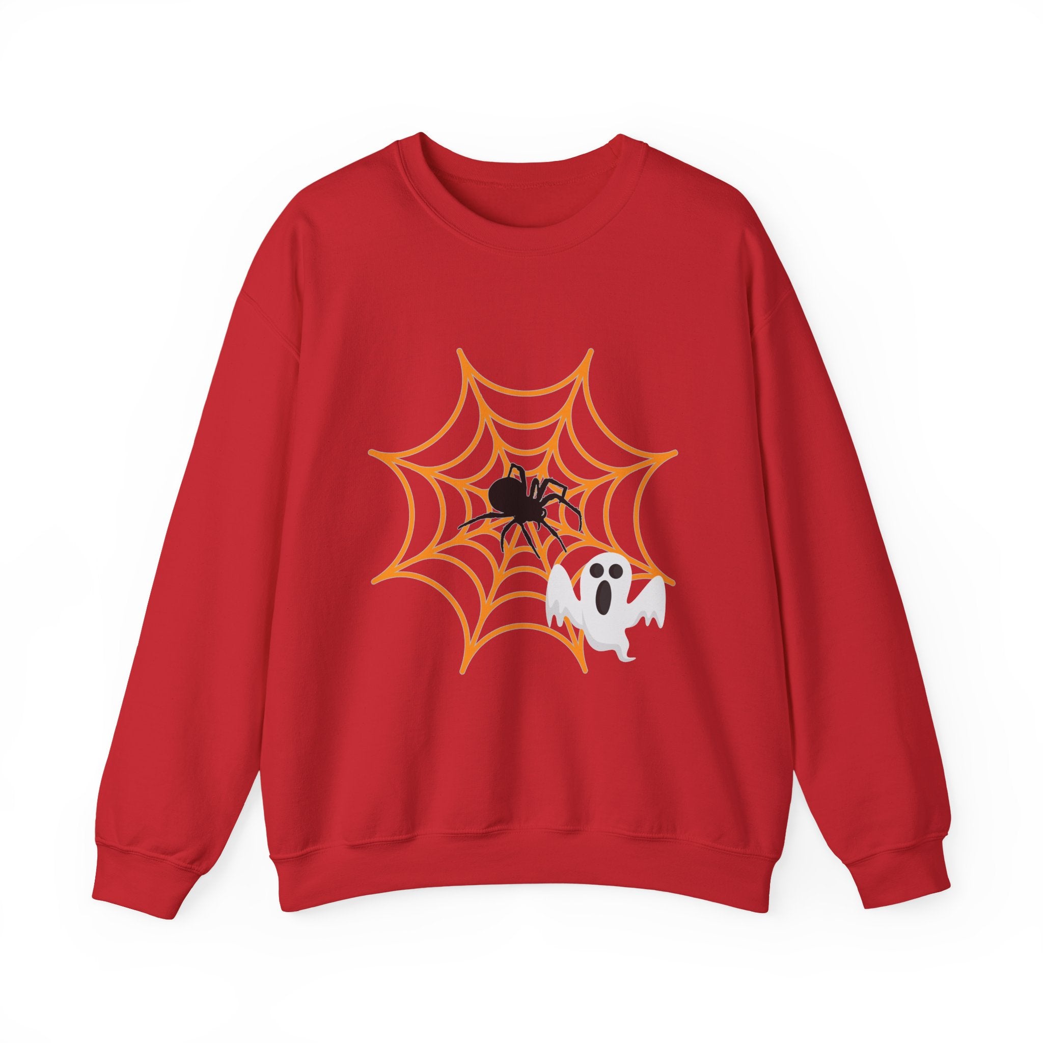 Red sweatshirt with Halloween design of a spider, web, and ghost on a white background