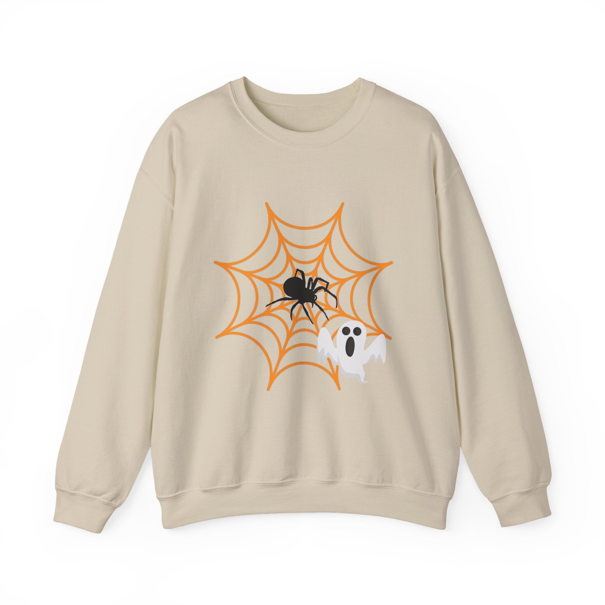 Beige sweatshirt with Halloween design of a spider, web, and ghost on a white background