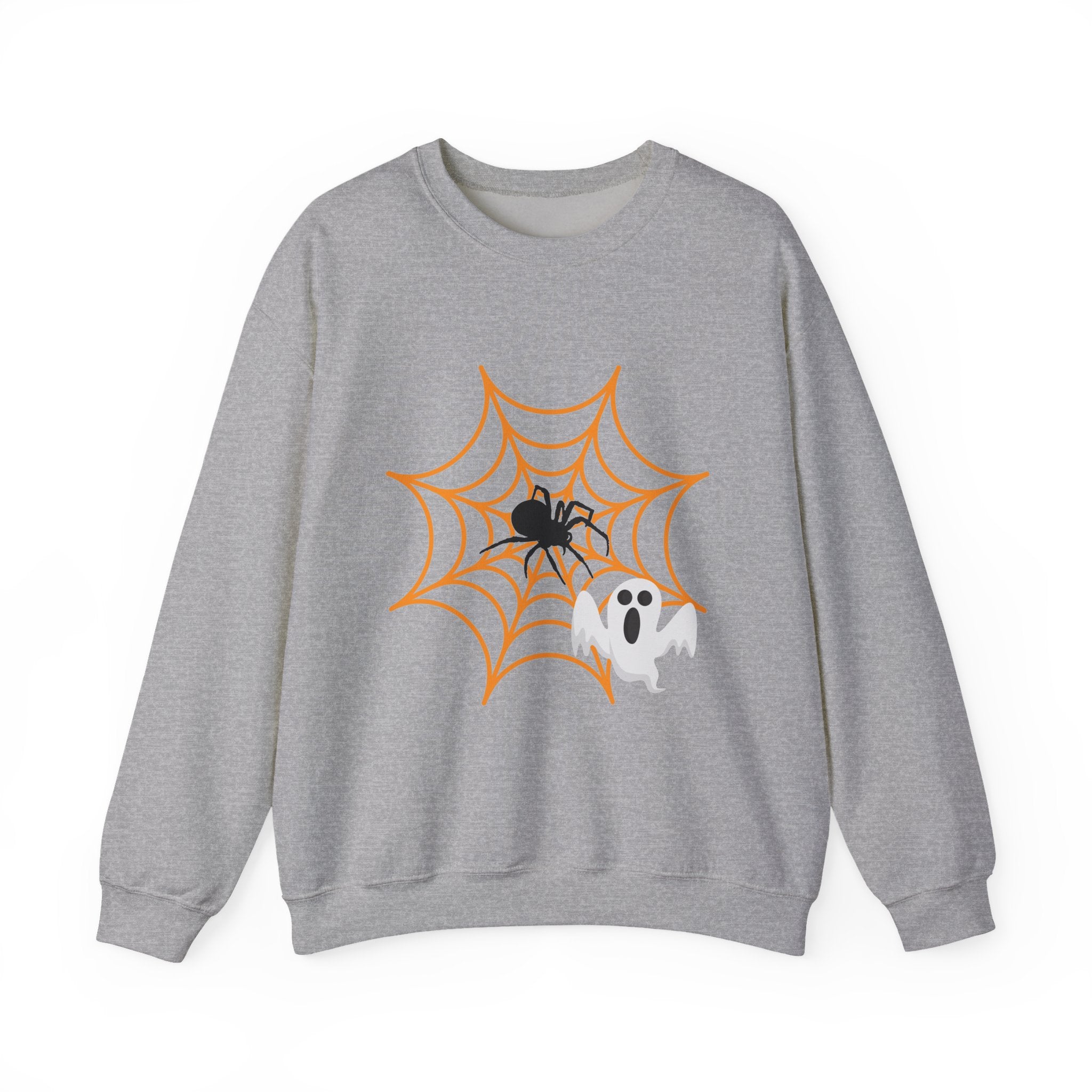 Gray sweatshirt with Halloween design featuring a spider, web, and ghost on a white background
