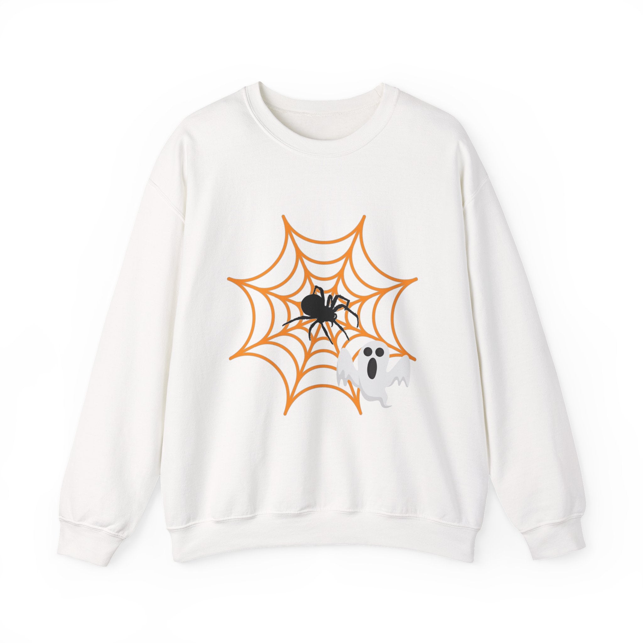 White sweatshirt with Halloween design of a spider, spider web, and ghost on a white background