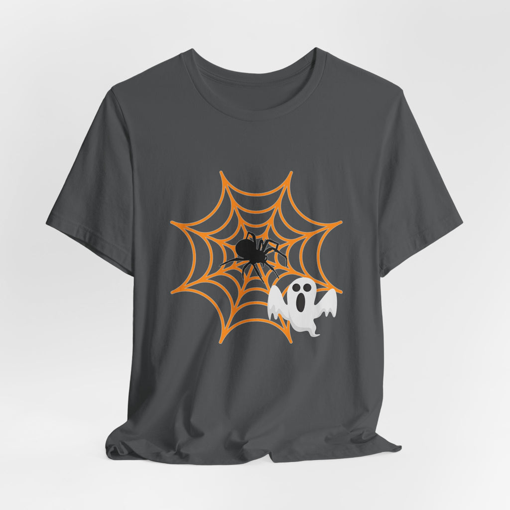 Asphalt gray t-shirt with Halloween design of a spider on a web and a ghost.