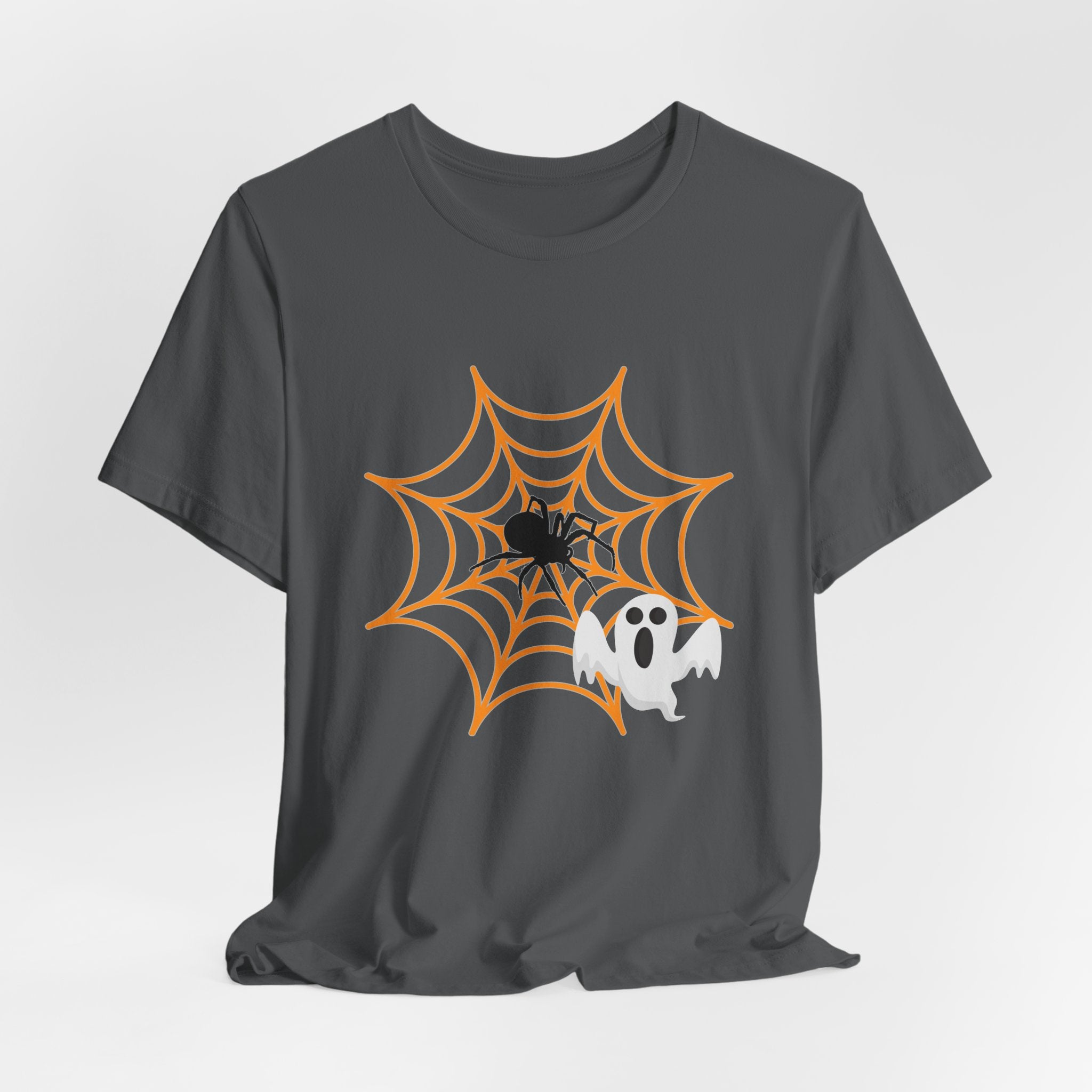 Asphalt gray t-shirt with Halloween design of a spider on a web and a ghost.
