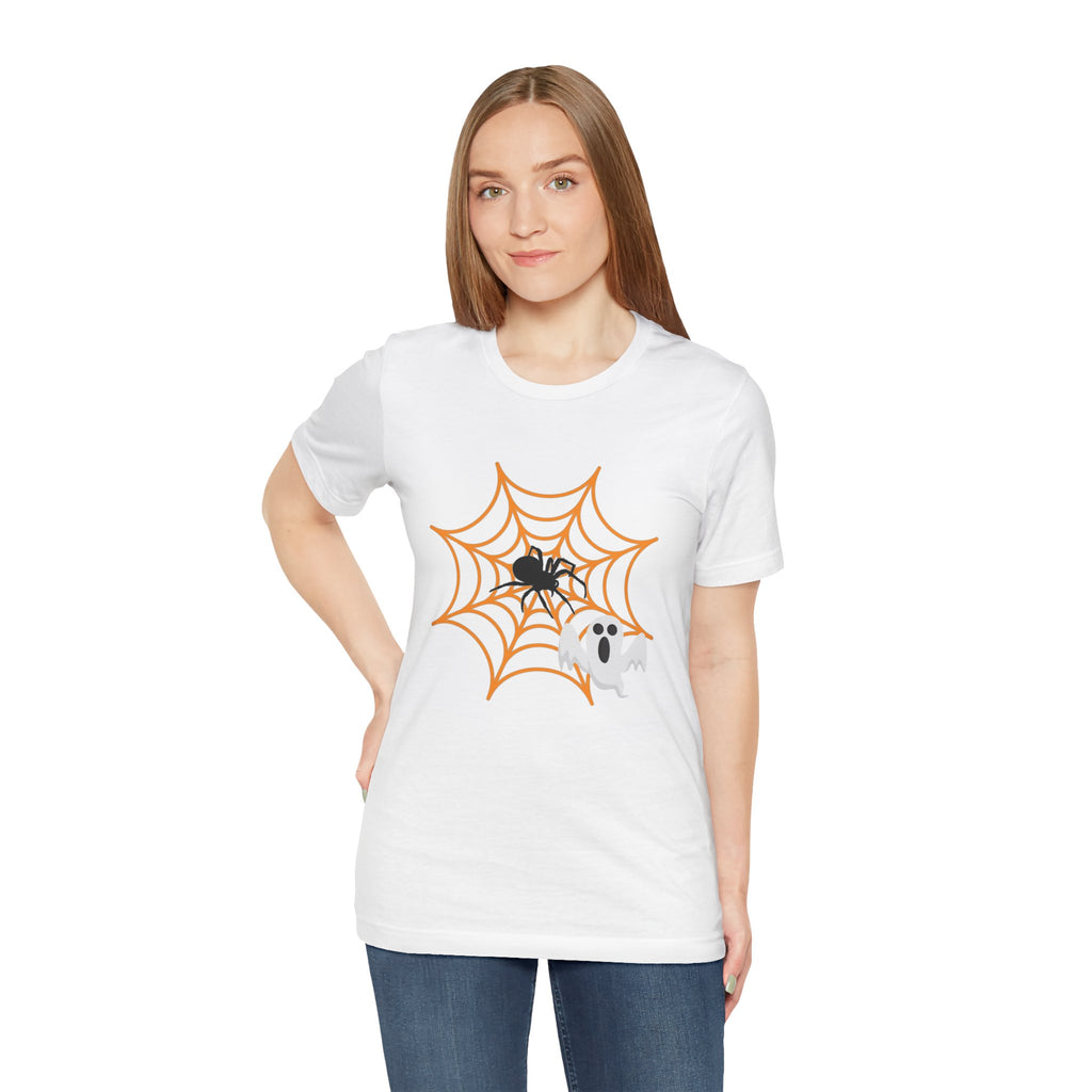 Woman wearing a white t-shirt with Halloween design on a white background
