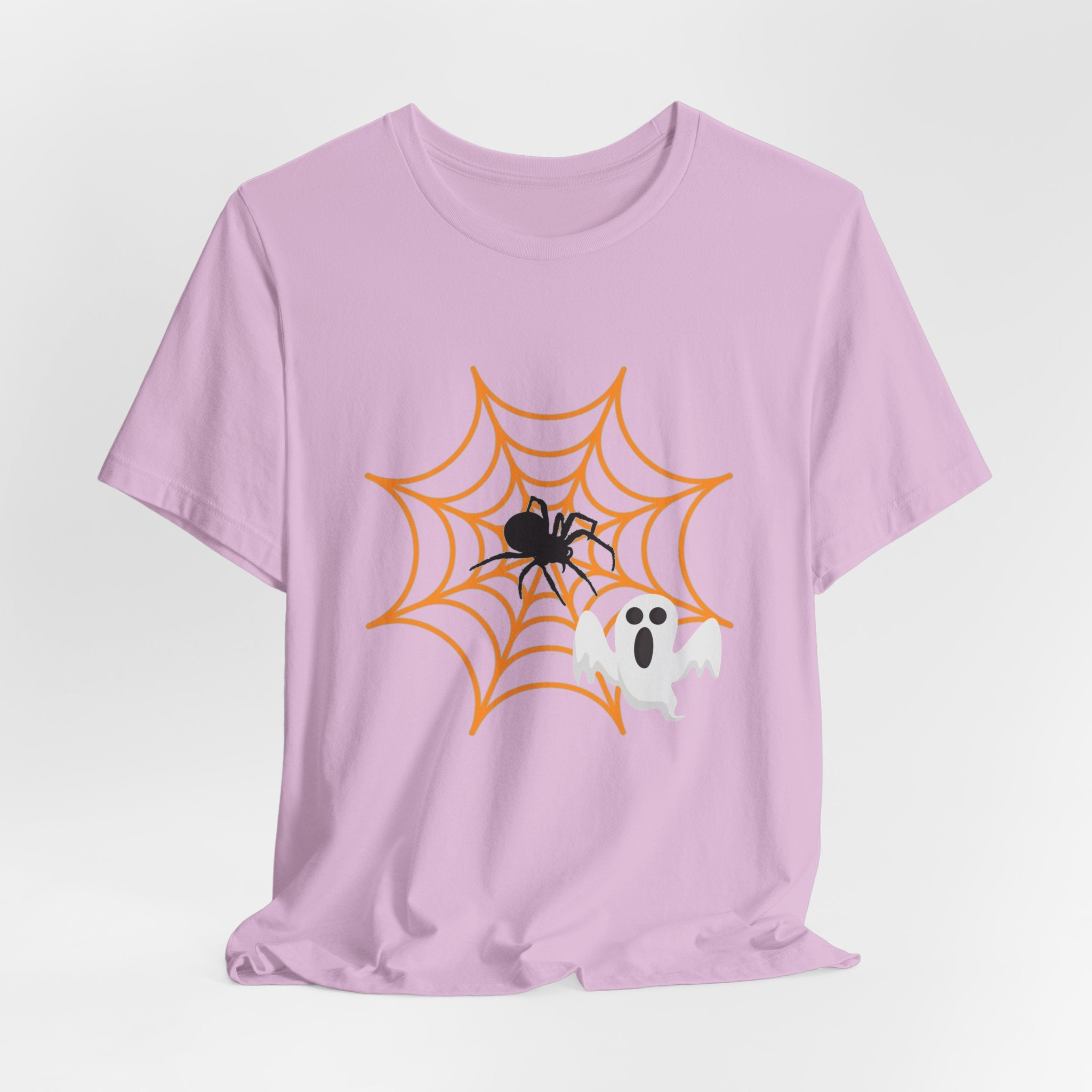 Lilac pink t-shirt with Halloween design of a spider on a web and a ghost