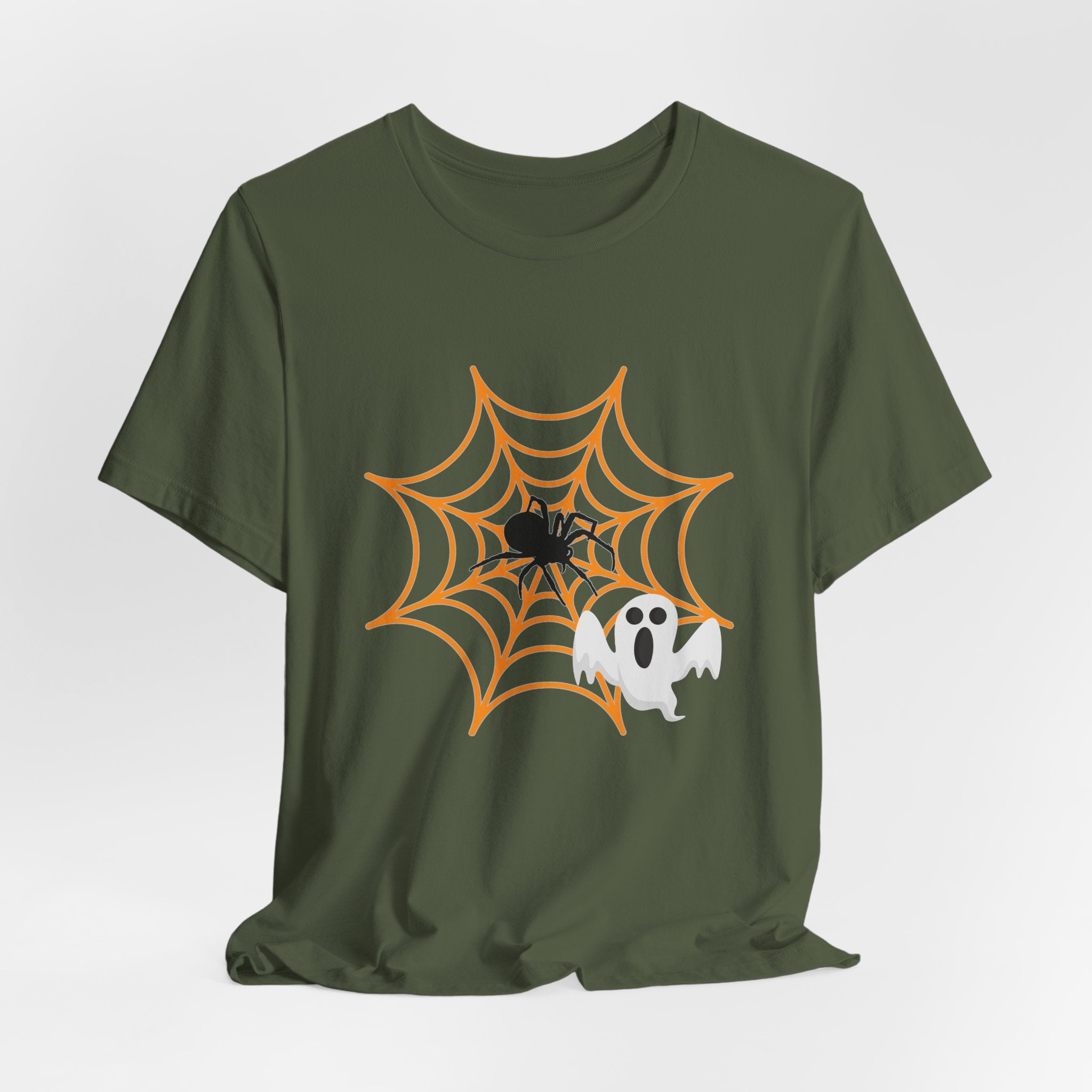 Military green t-shirt with Halloween design of a spider, web, and ghost on a white background