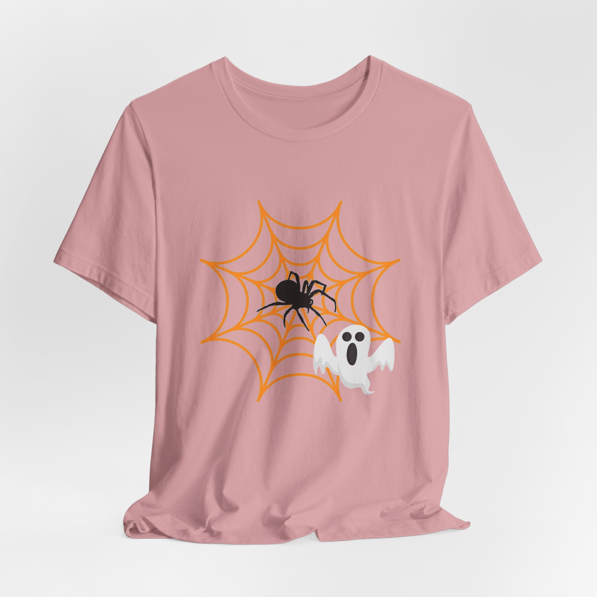 Orchid pink t-shirt with Halloween design of a spider and ghost on a white background