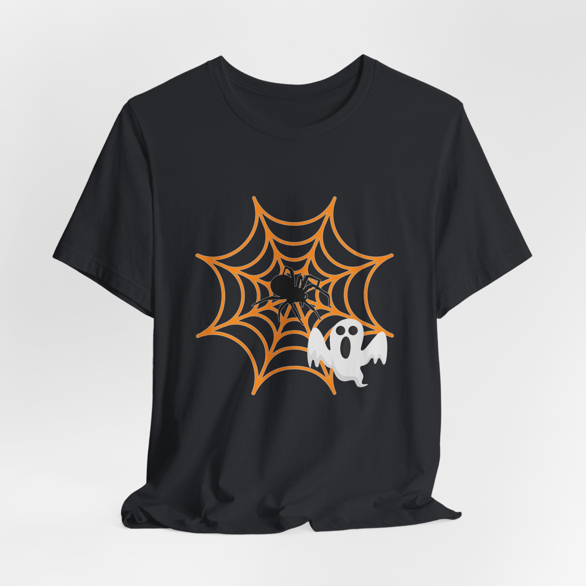 Vintage black t-shirt with Halloween design of a spider and ghost on a web.