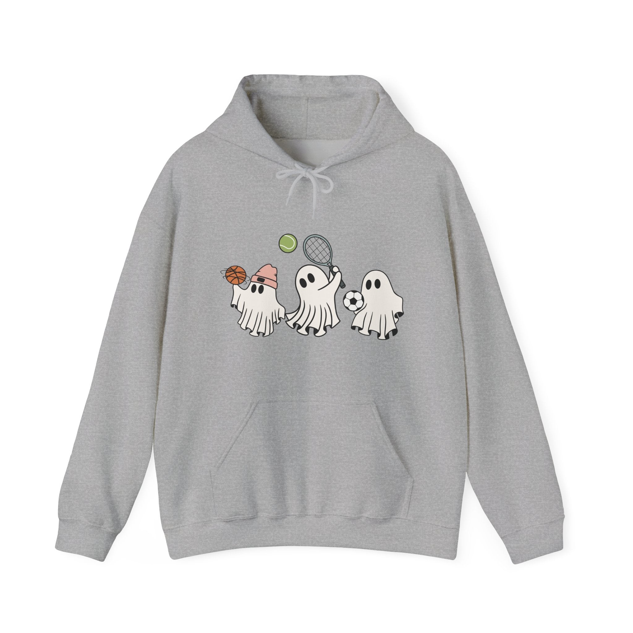 Gray hoodie with cartoon ghosts design on a white background