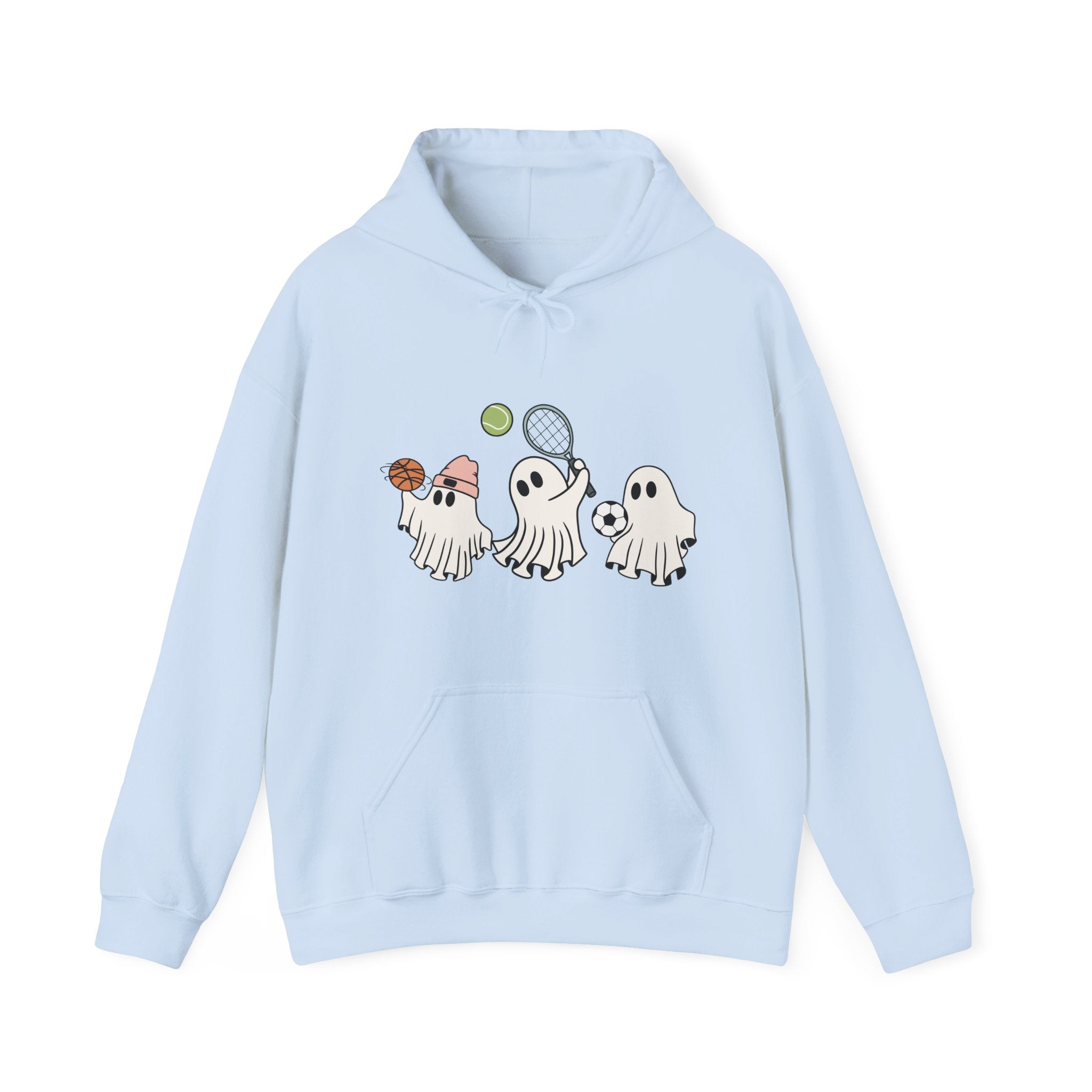Light blue hoodie with cartoon ghost design on a white background