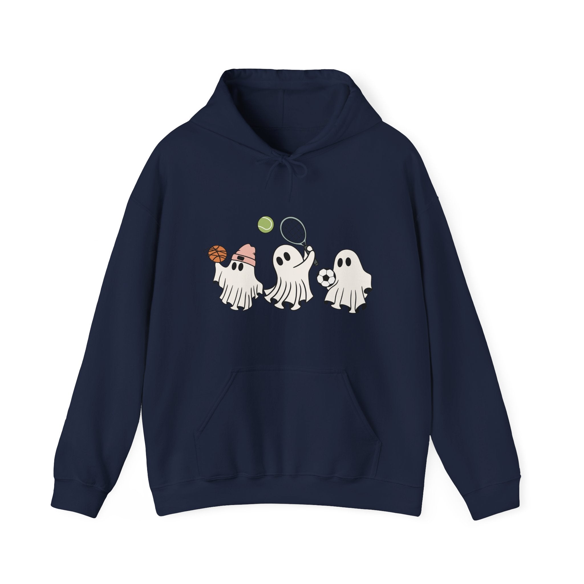 Navy blue hoodie with cartoon ghosts design on a white background