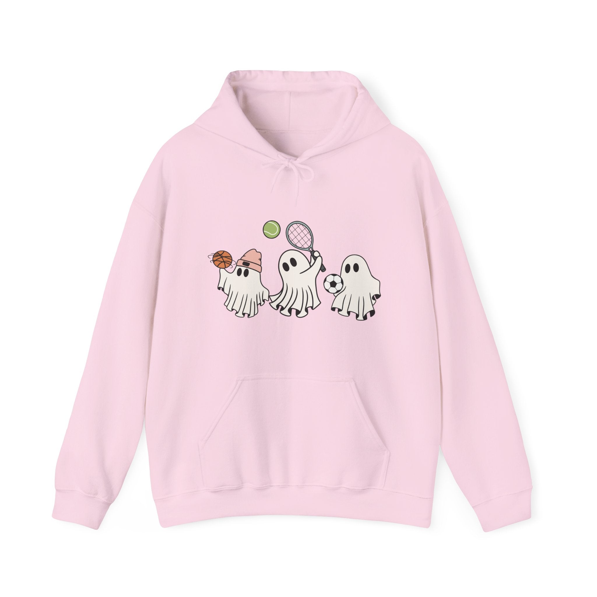 Pink hoodie with cartoon ghost design on a white background