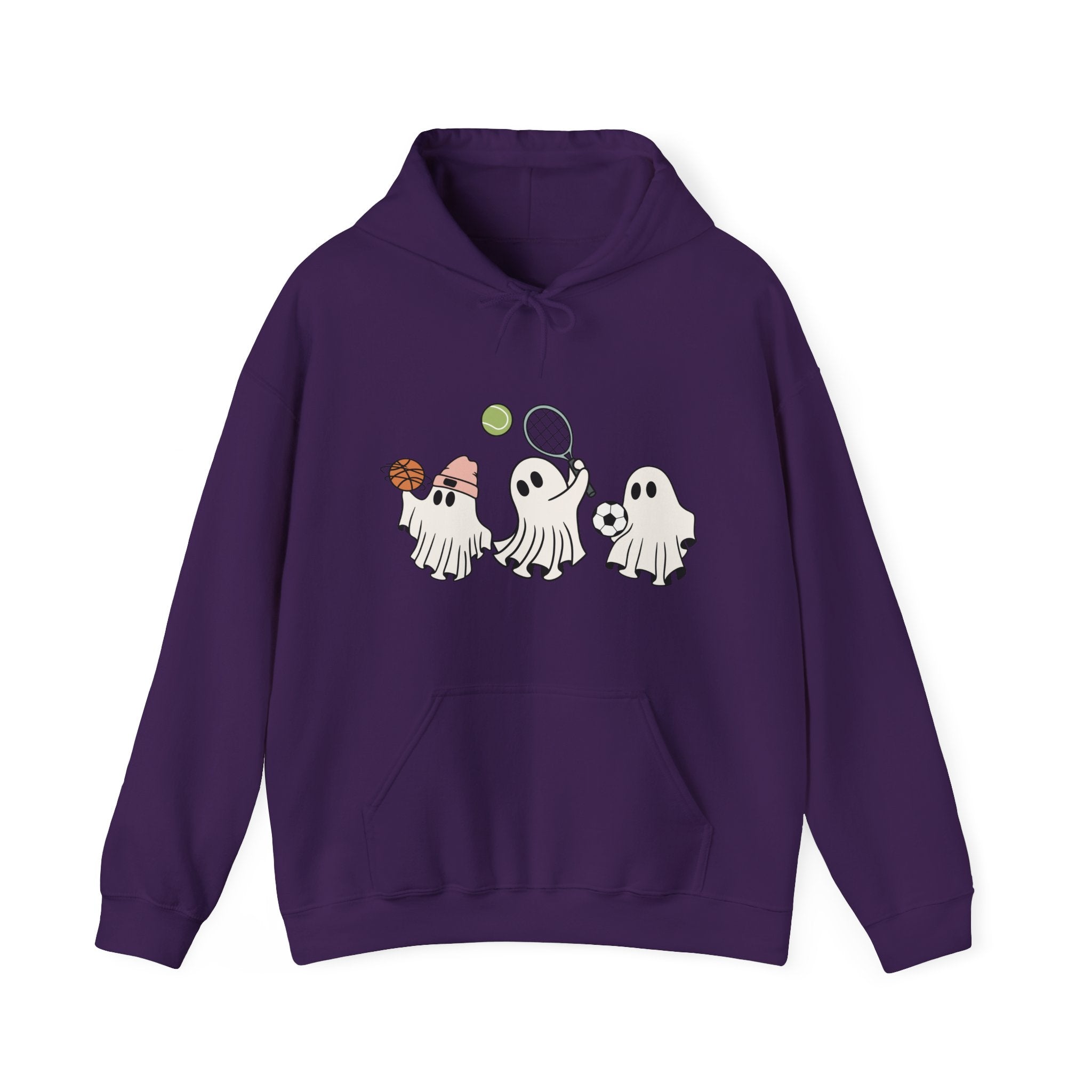 Purple hoodie with ghost designs on a white background