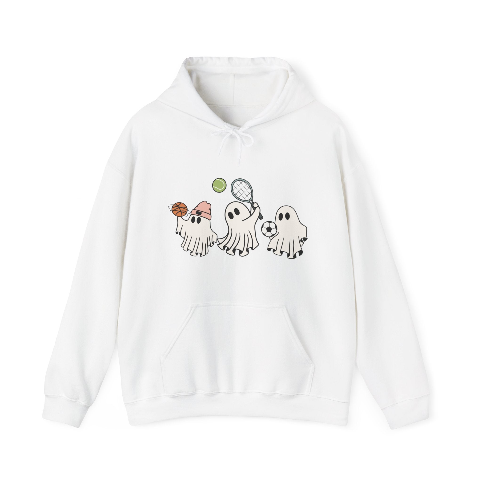 White hoodie with cartoon ghost design on a white background