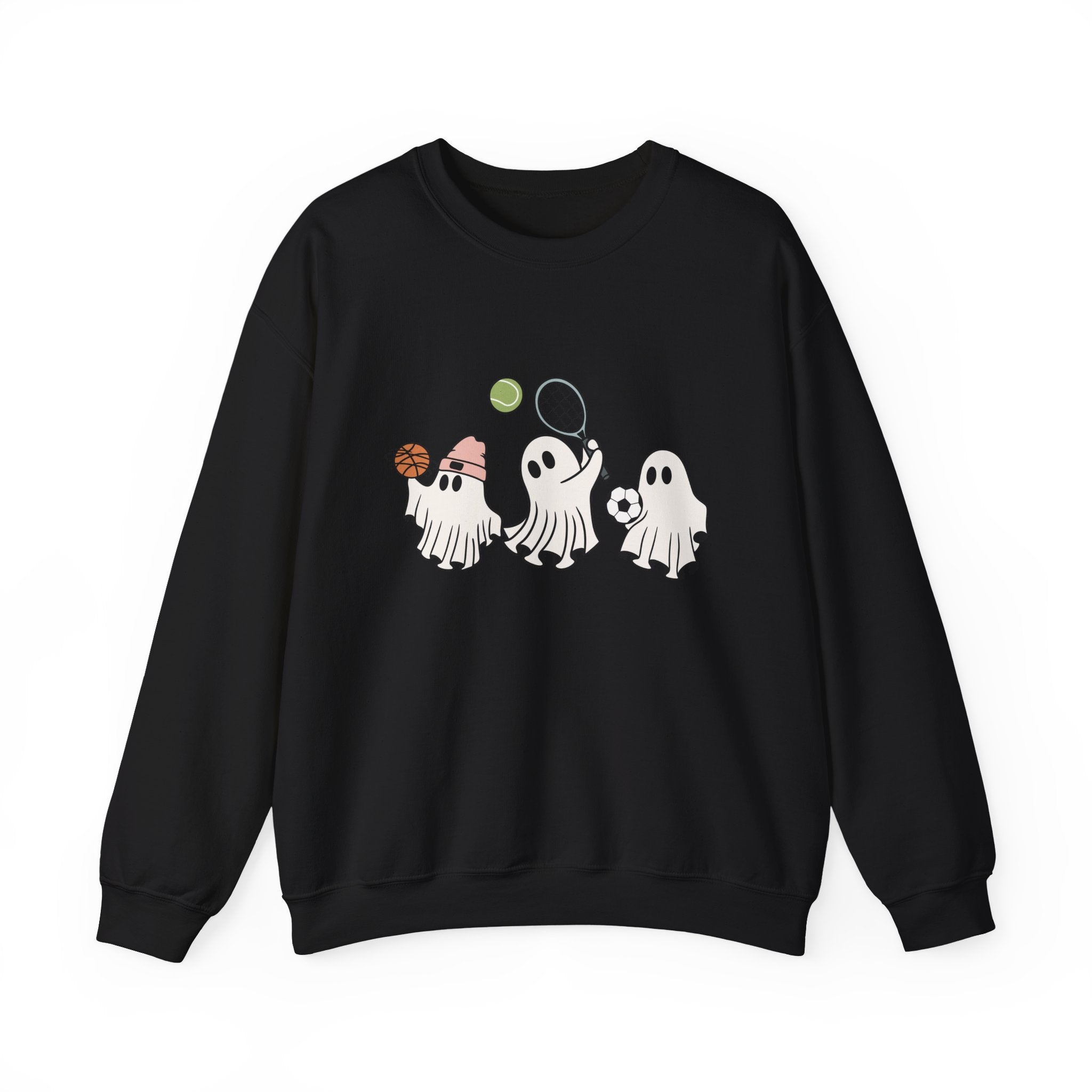 Black sweatshirt with ghost illustrations on a white background