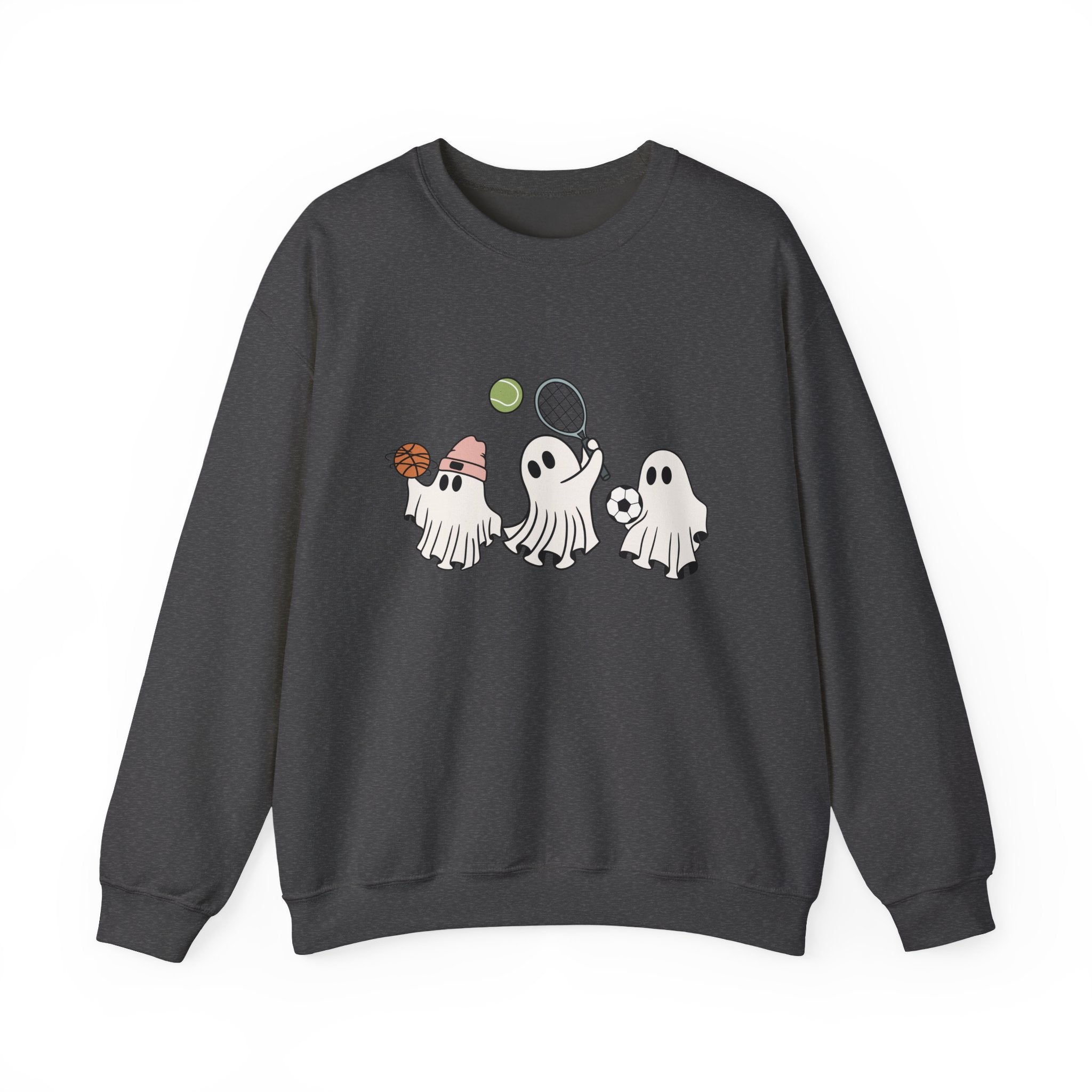 Dark heather sweatshirt with cartoon ghosts design on a white background
