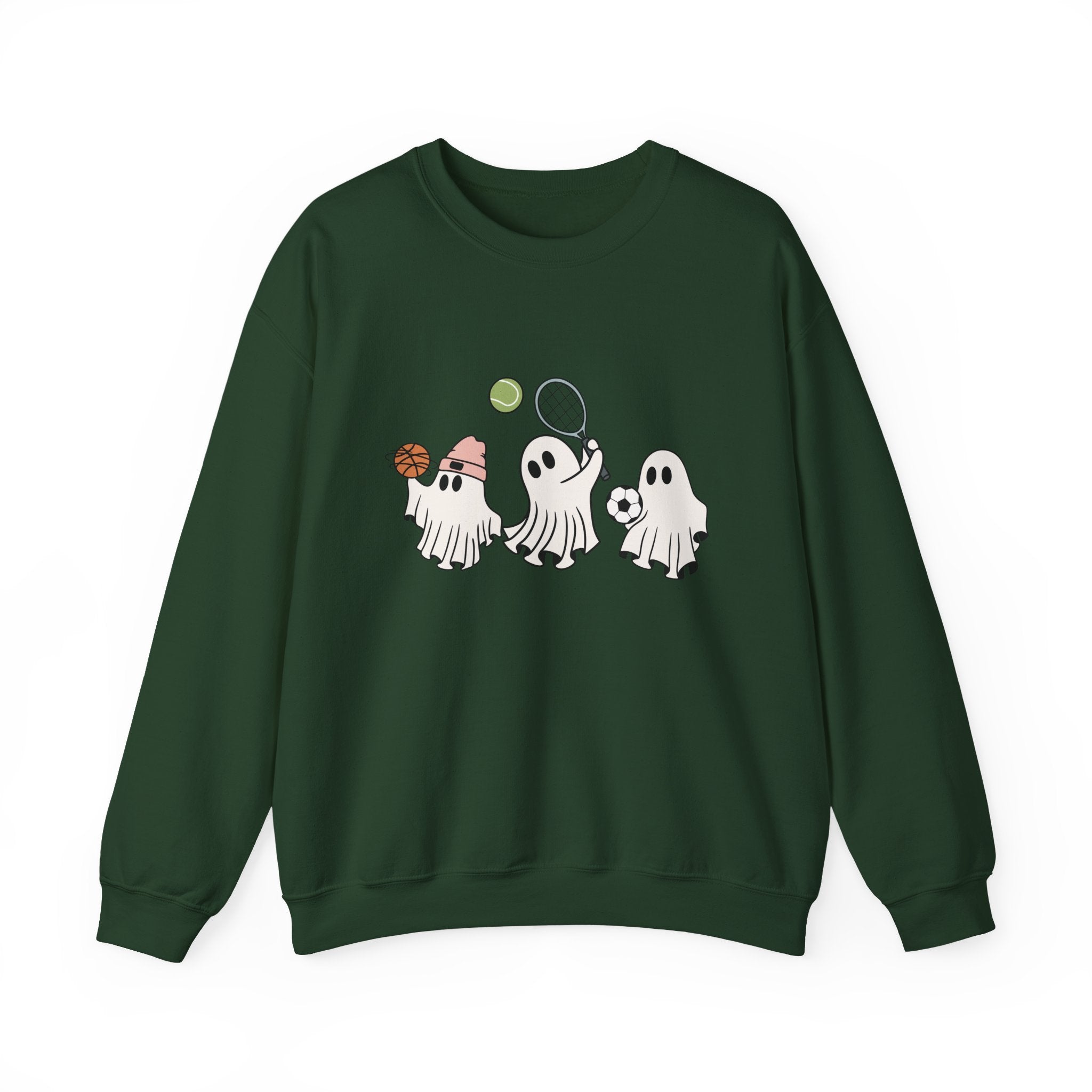 Forest green sweatshirt with ghost illustrations on a white background